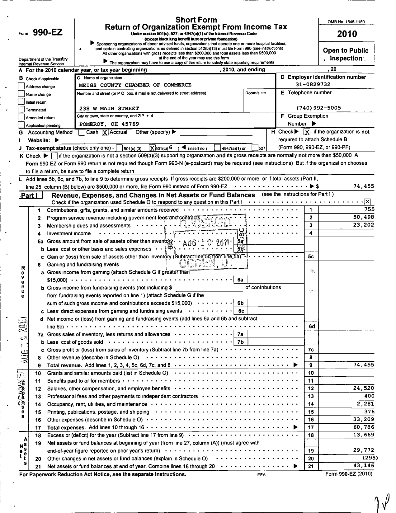 Image of first page of 2010 Form 990EO for Meigs County Chamber of Commerce