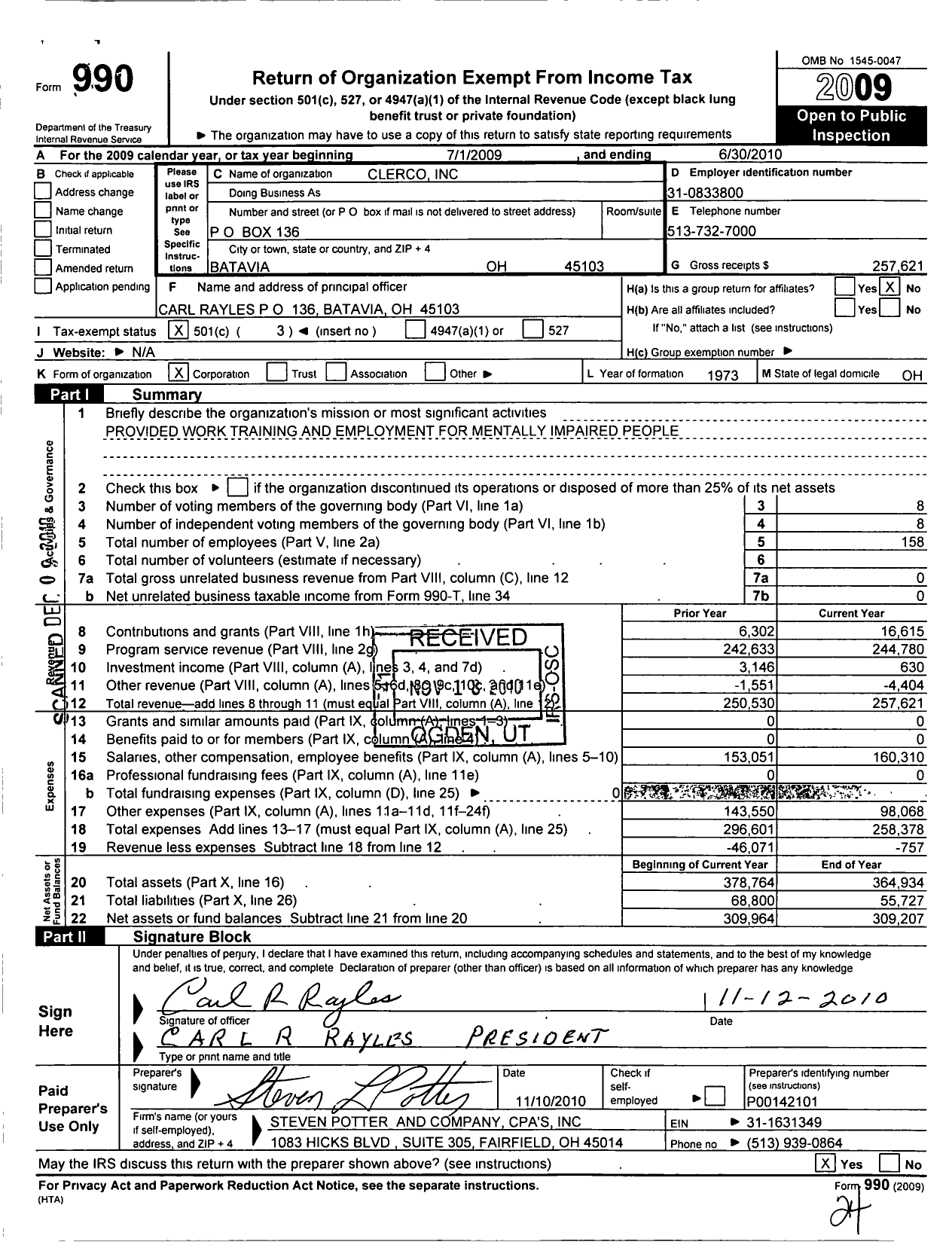 Image of first page of 2009 Form 990 for Clerco