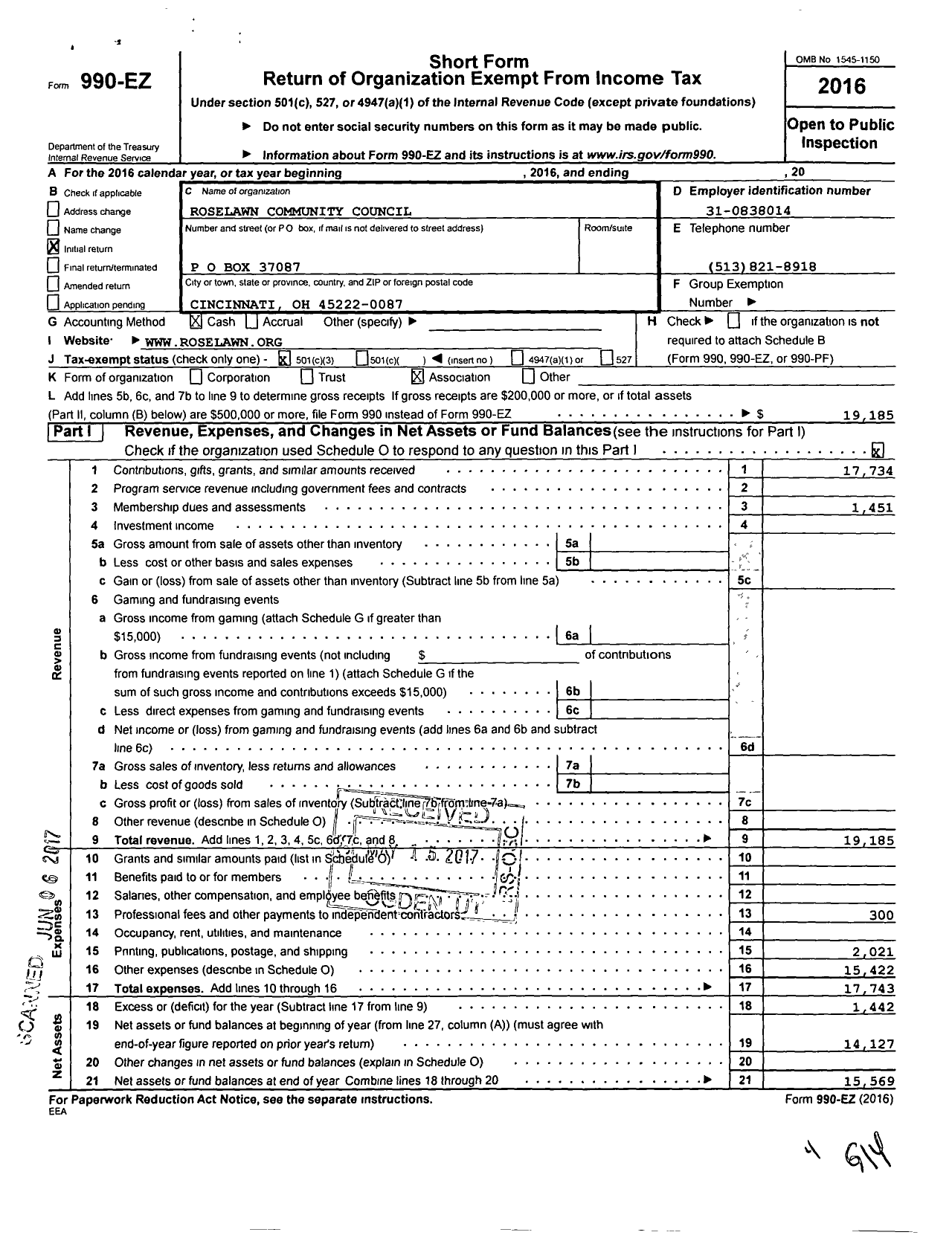 Image of first page of 2016 Form 990EZ for Roselawn Community Council