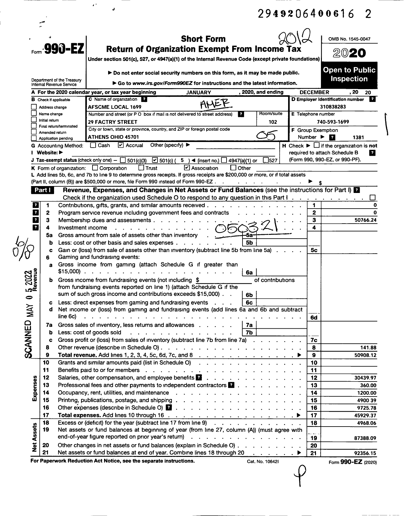 Image of first page of 2020 Form 990EO for AMERICAN FEDERATION OF STATE COUNTY & MUNICIPAL EMPLOYEES - L1699oh Ohio Univ Empl Athens Ohio