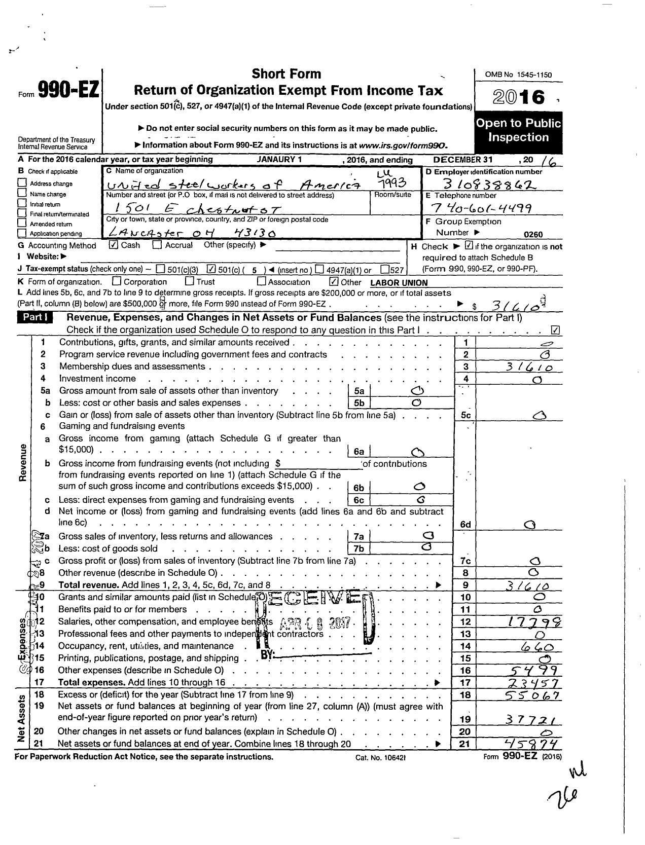 Image of first page of 2016 Form 990EO for United Steelworkers - 07993 Local