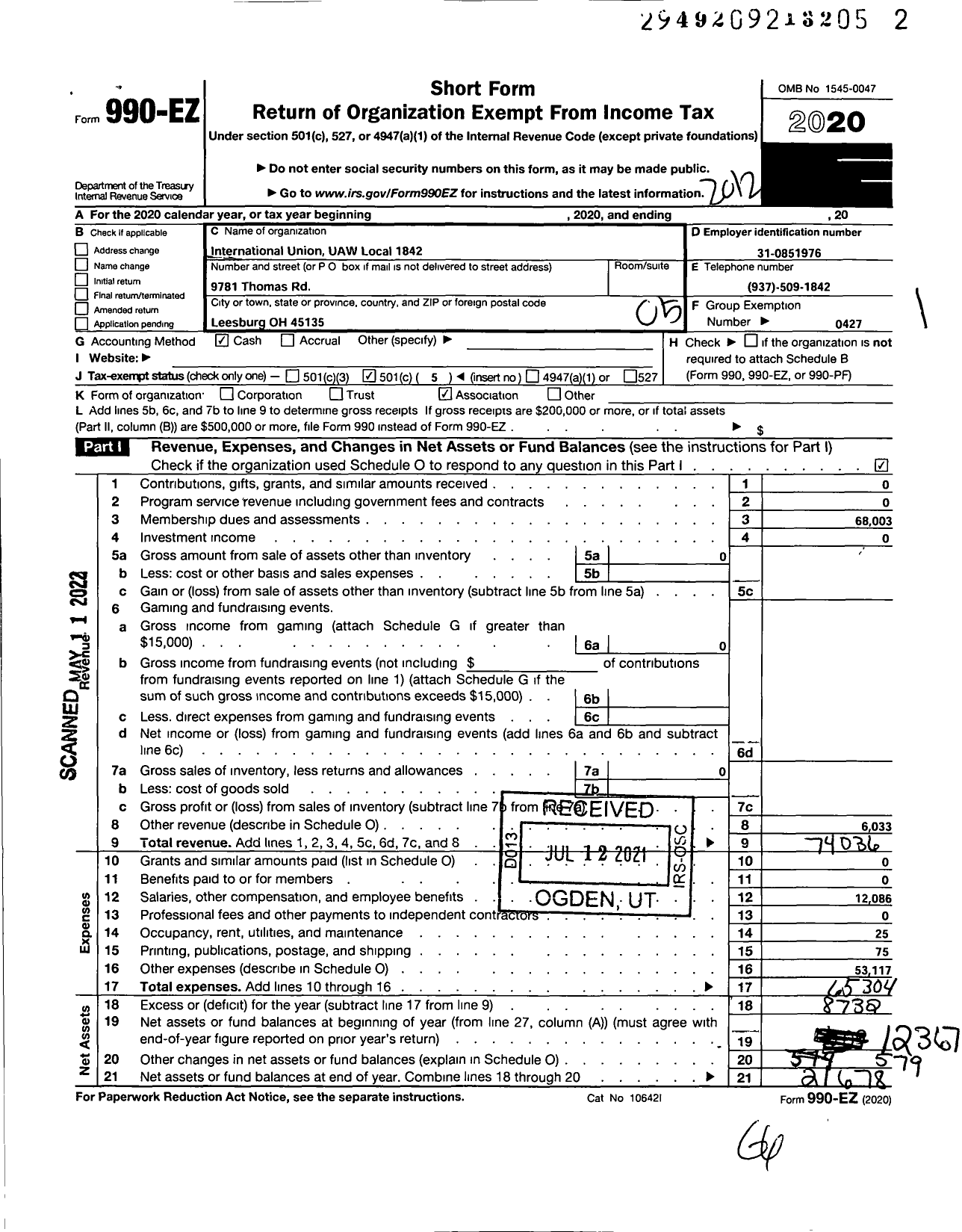 Image of first page of 2020 Form 990EO for International Union UAW Local 1842