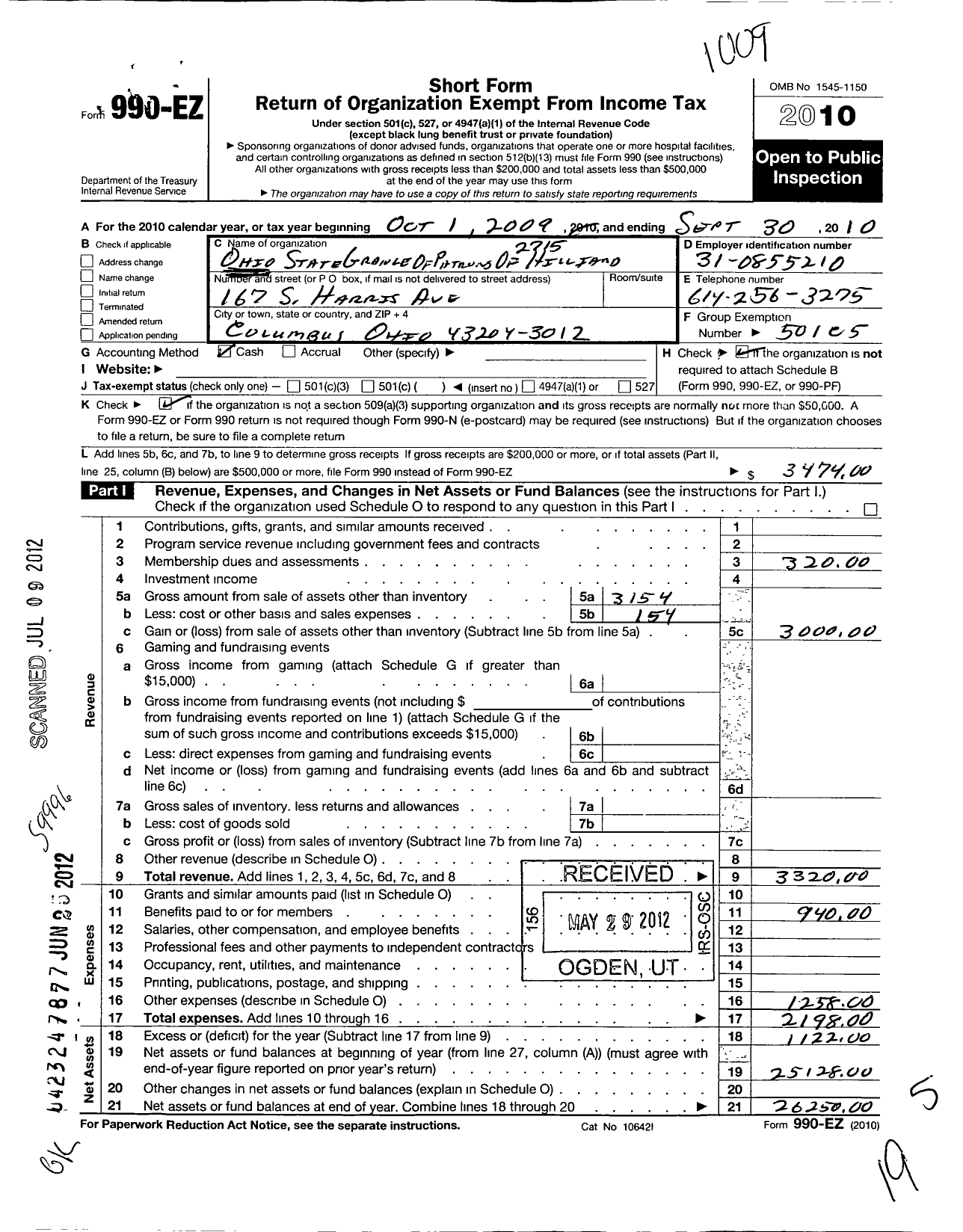 Image of first page of 2009 Form 990EO for Ohio State Grange of Patrons of Husbandry - 2715 Hilliard