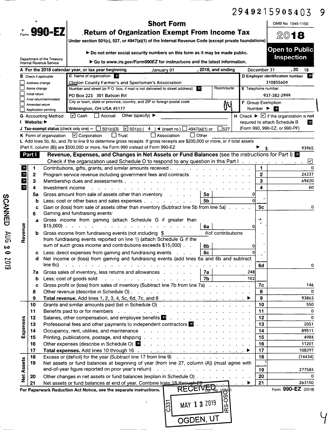 Image of first page of 2018 Form 990EO for Clinton County Farmers' and Sportsman's Association