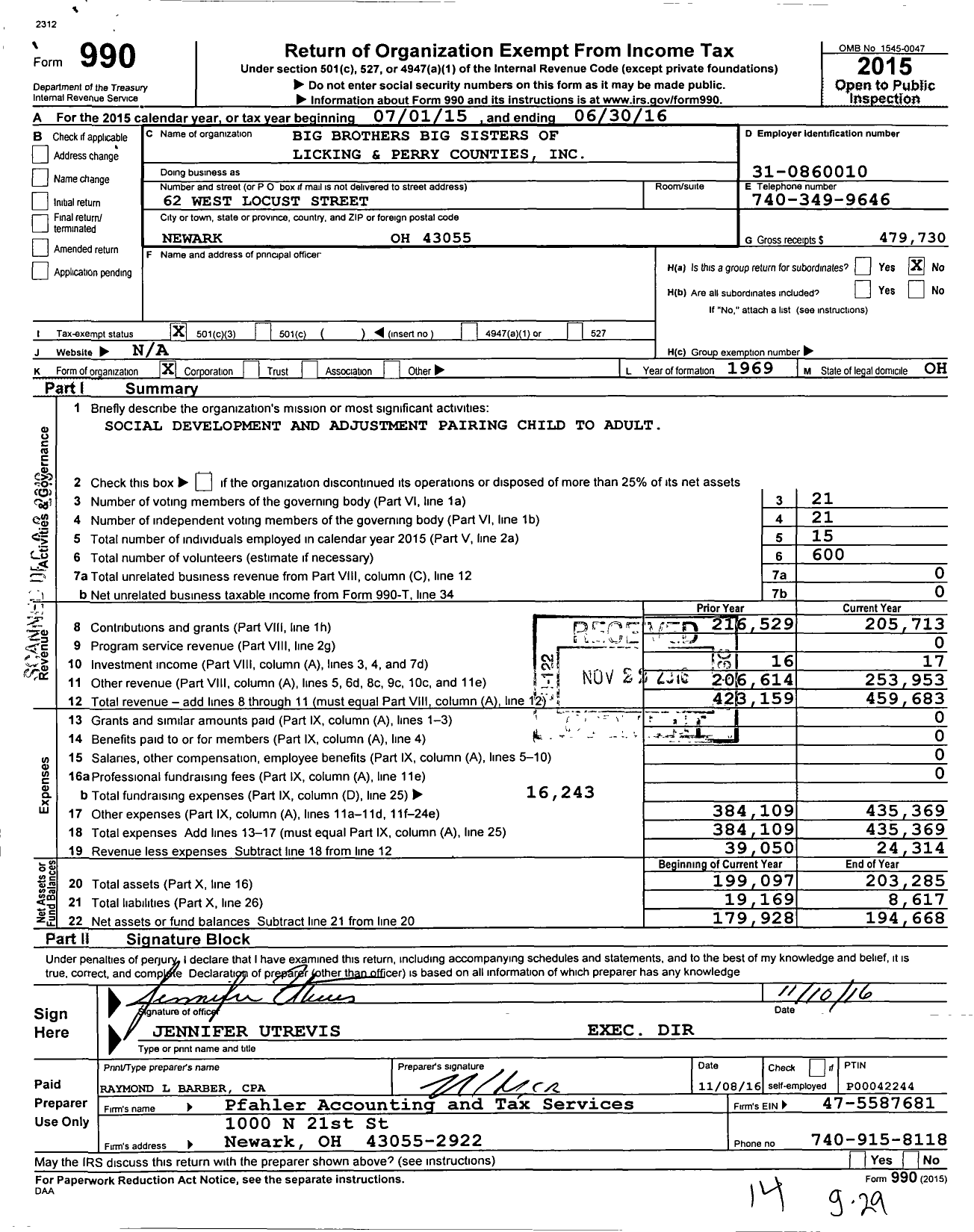 Image of first page of 2015 Form 990 for Big Brothers Big Sisters of Licking and Perry Counties