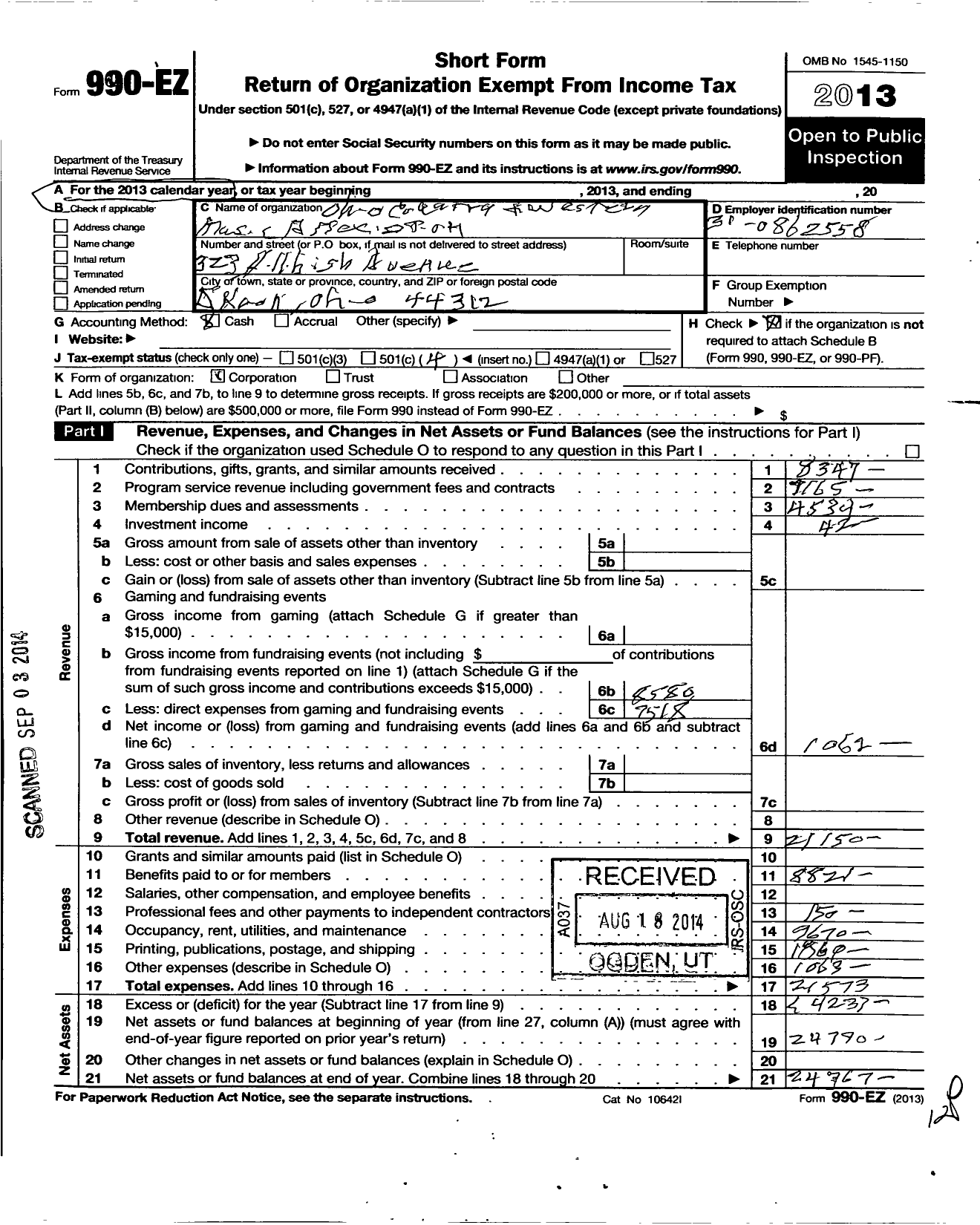 Image of first page of 2013 Form 990EO for Ohio Country and Western Music Association