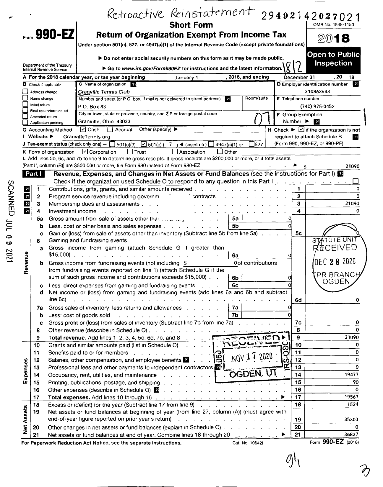 Image of first page of 2018 Form 990EO for Granville Tennis Club