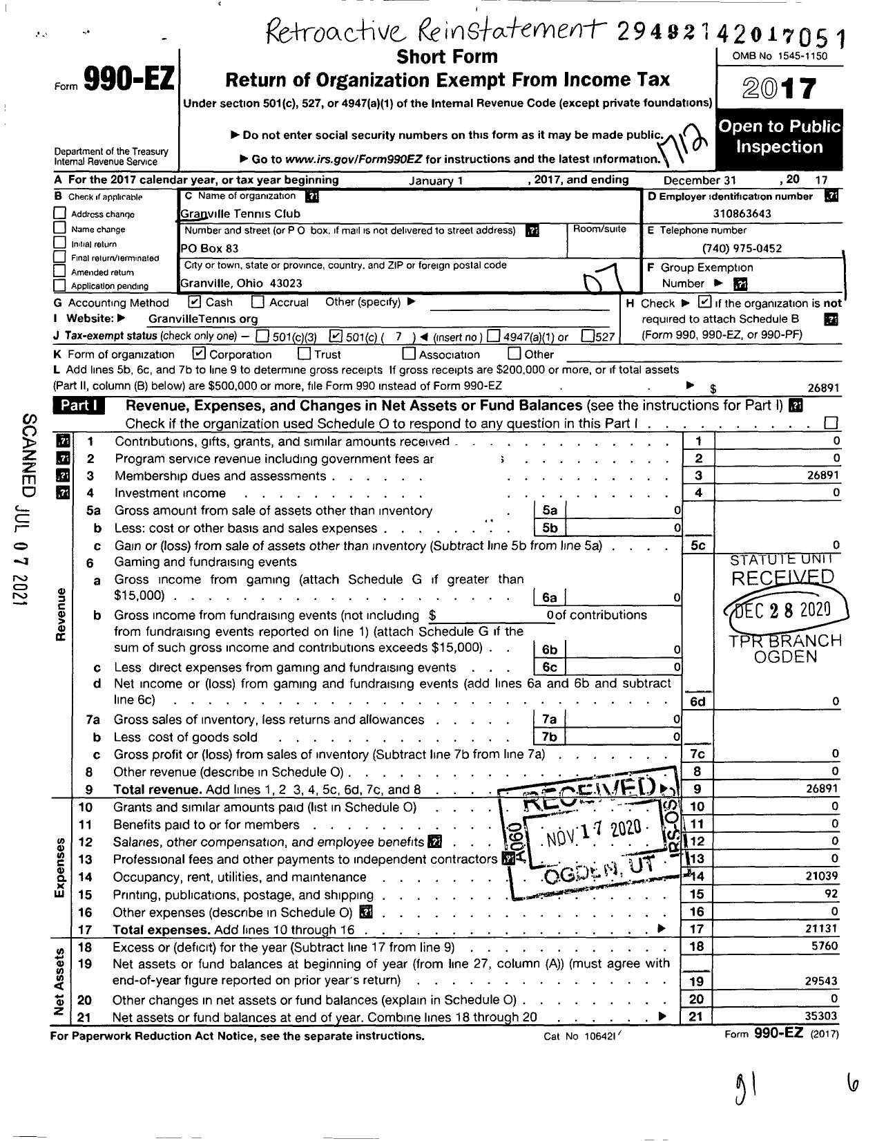 Image of first page of 2017 Form 990EO for Granville Tennis Club