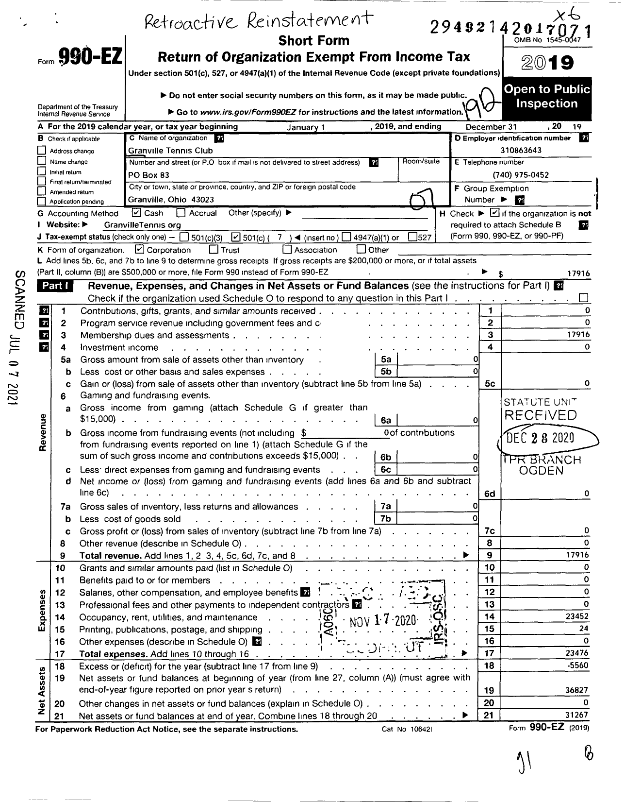 Image of first page of 2019 Form 990EO for Granville Tennis Club