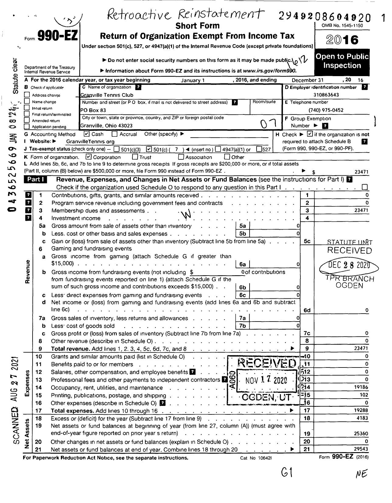 Image of first page of 2016 Form 990EO for Granville Tennis Club