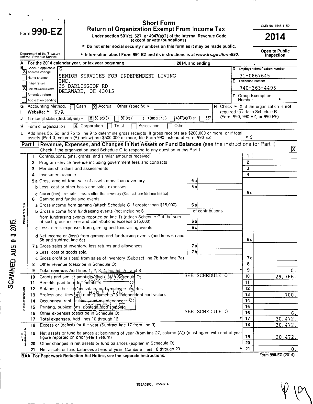 Image of first page of 2014 Form 990EZ for Senior Services for Independent Living