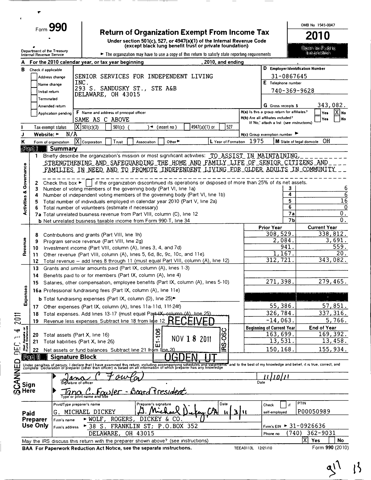 Image of first page of 2010 Form 990 for Senior Services for Independent Living