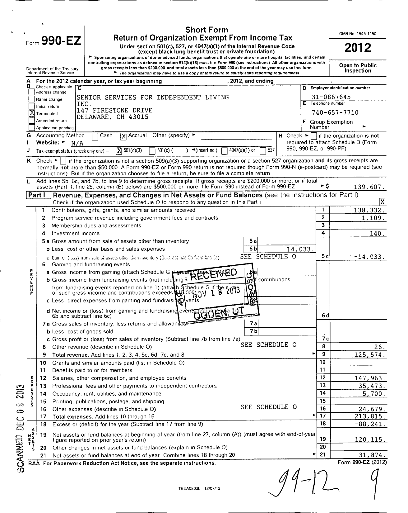 Image of first page of 2012 Form 990EZ for Senior Services for Independent Living