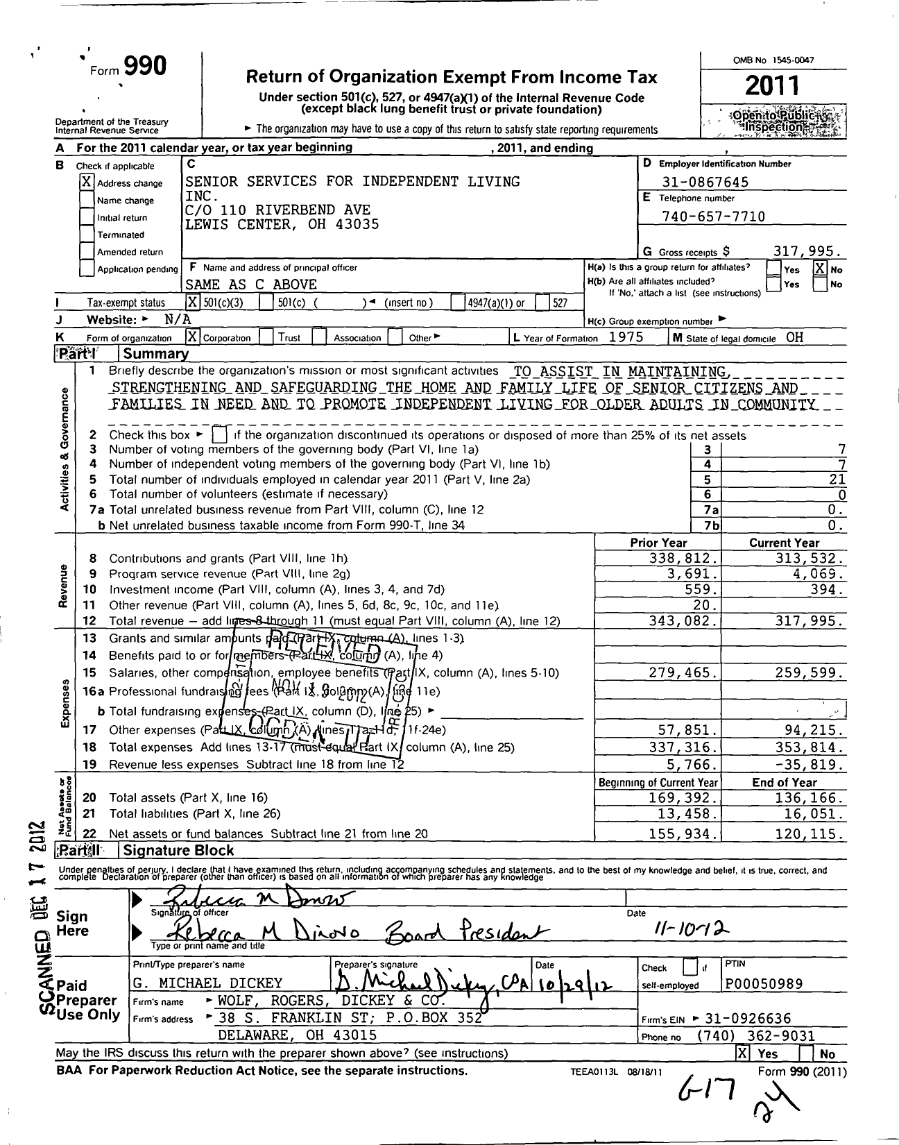 Image of first page of 2011 Form 990 for Senior Services for Independent Living