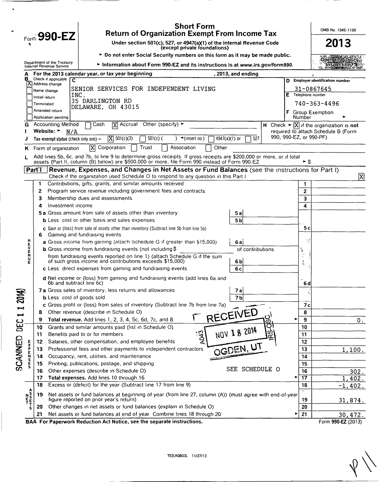 Image of first page of 2013 Form 990EZ for Senior Services for Independent Living