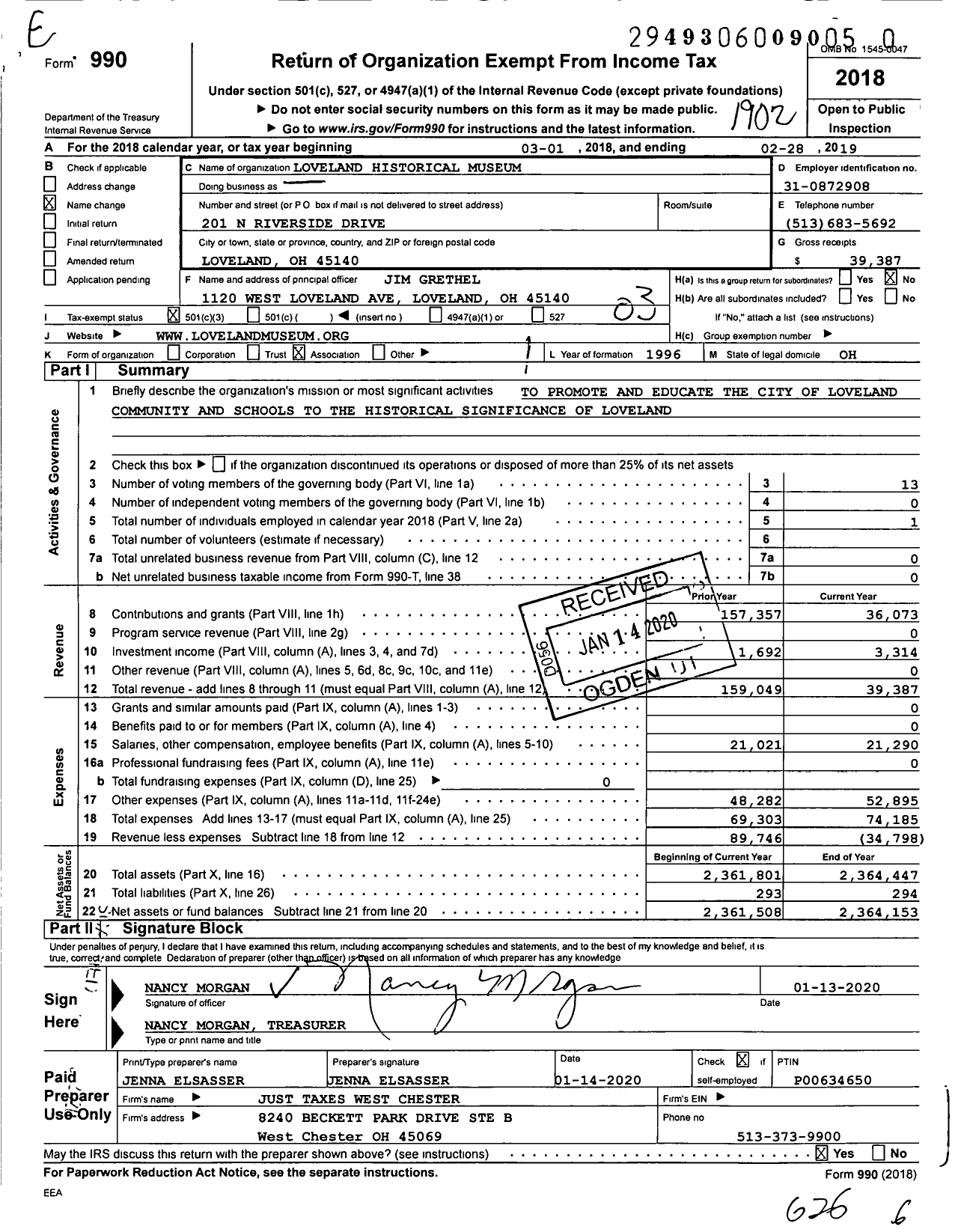 Image of first page of 2018 Form 990 for Loveland Historical Museum