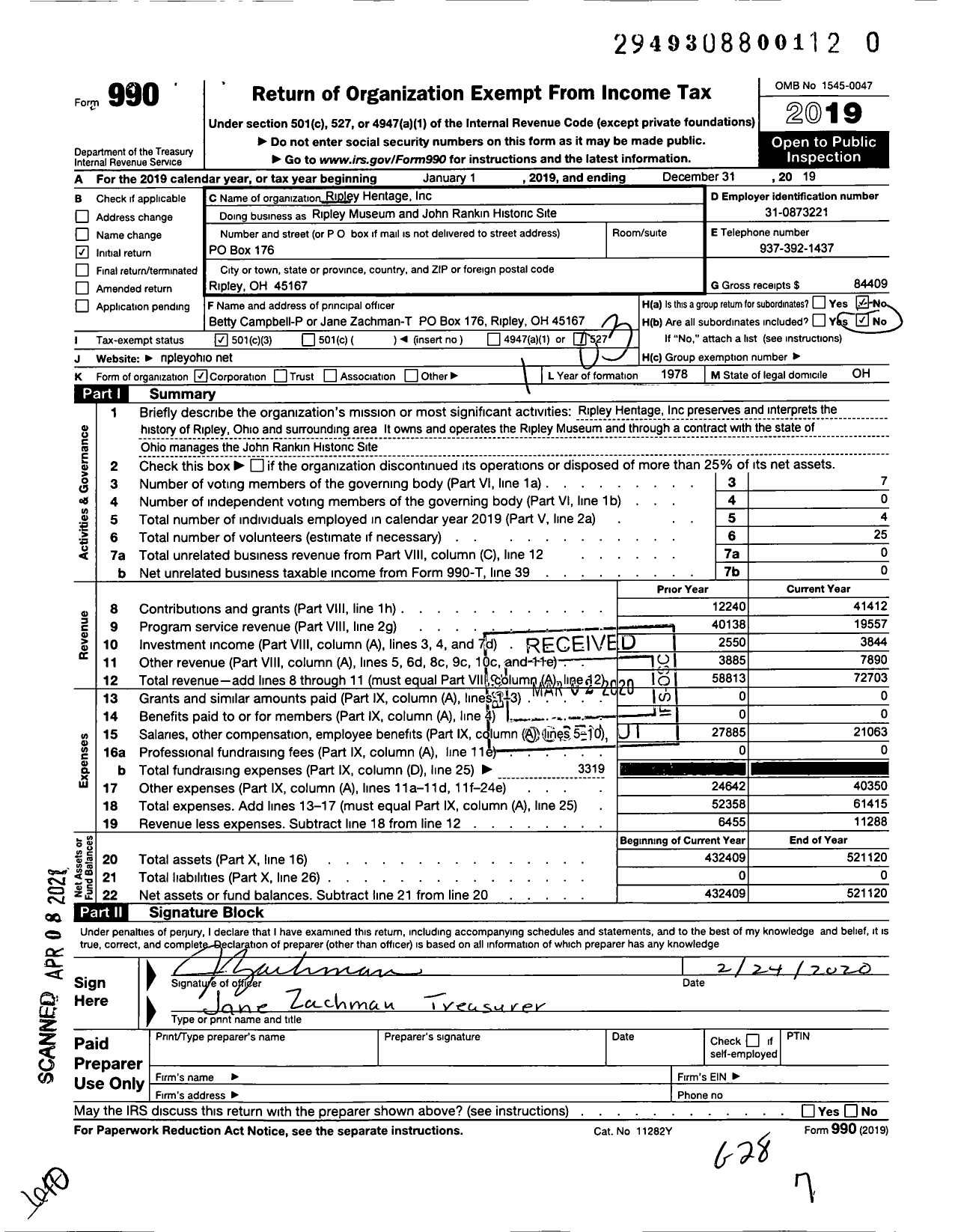 Image of first page of 2019 Form 990 for Ripley Museum and John Rankin Historic Site