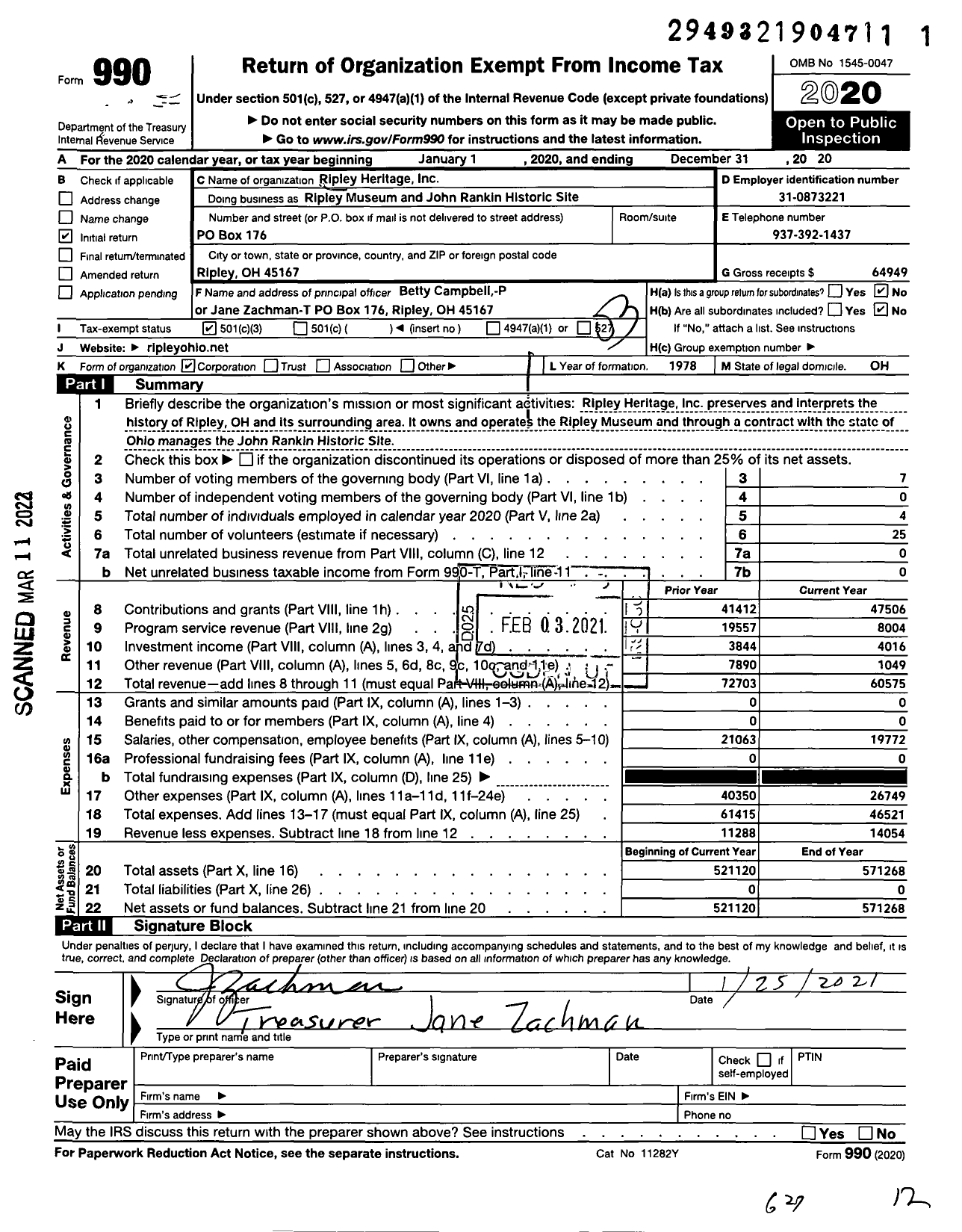 Image of first page of 2020 Form 990 for Ripley Museum and John Rankin Historic Site