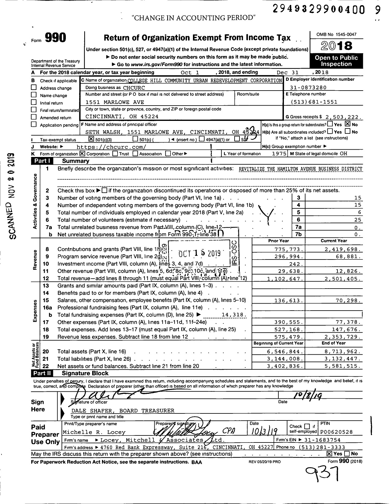 Image of first page of 2018 Form 990 for College Hill Community Urban Redevelopment Corporation (CHCURC)