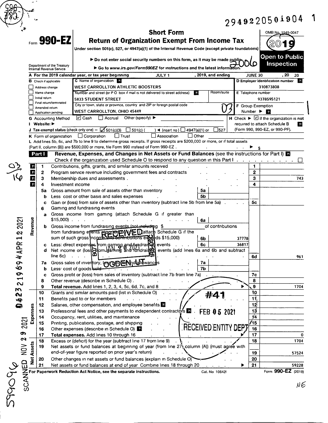 Image of first page of 2019 Form 990EZ for West Carrollton Athletic Boosters