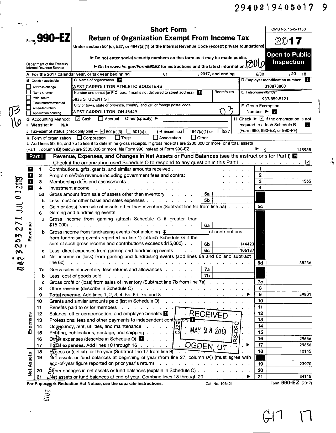 Image of first page of 2017 Form 990EZ for West Carrollton Athletic Boosters