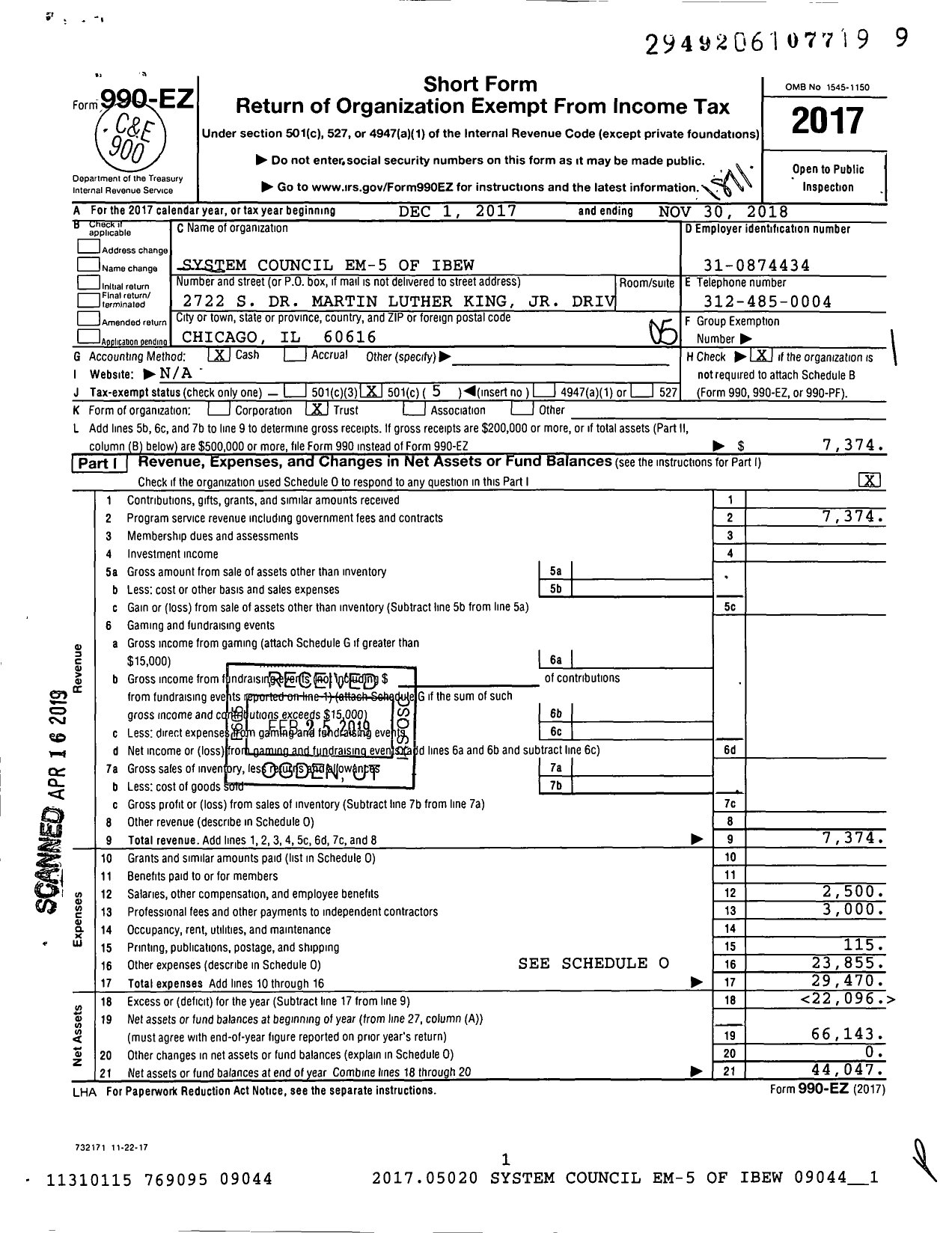 Image of first page of 2017 Form 990EO for International Brotherhood of Electrical Workers - 5 SC Em