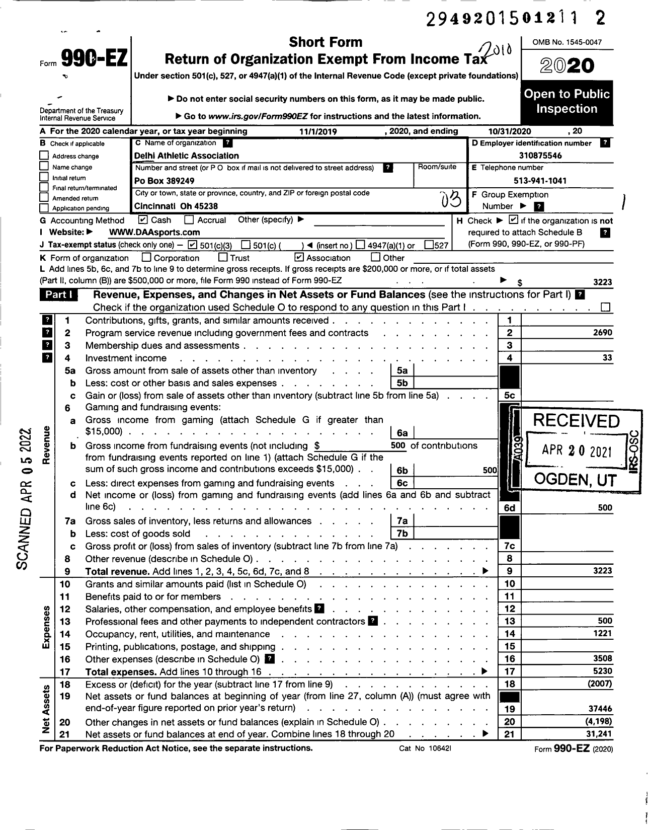 Image of first page of 2019 Form 990EZ for Delhi Hills Athletic Association