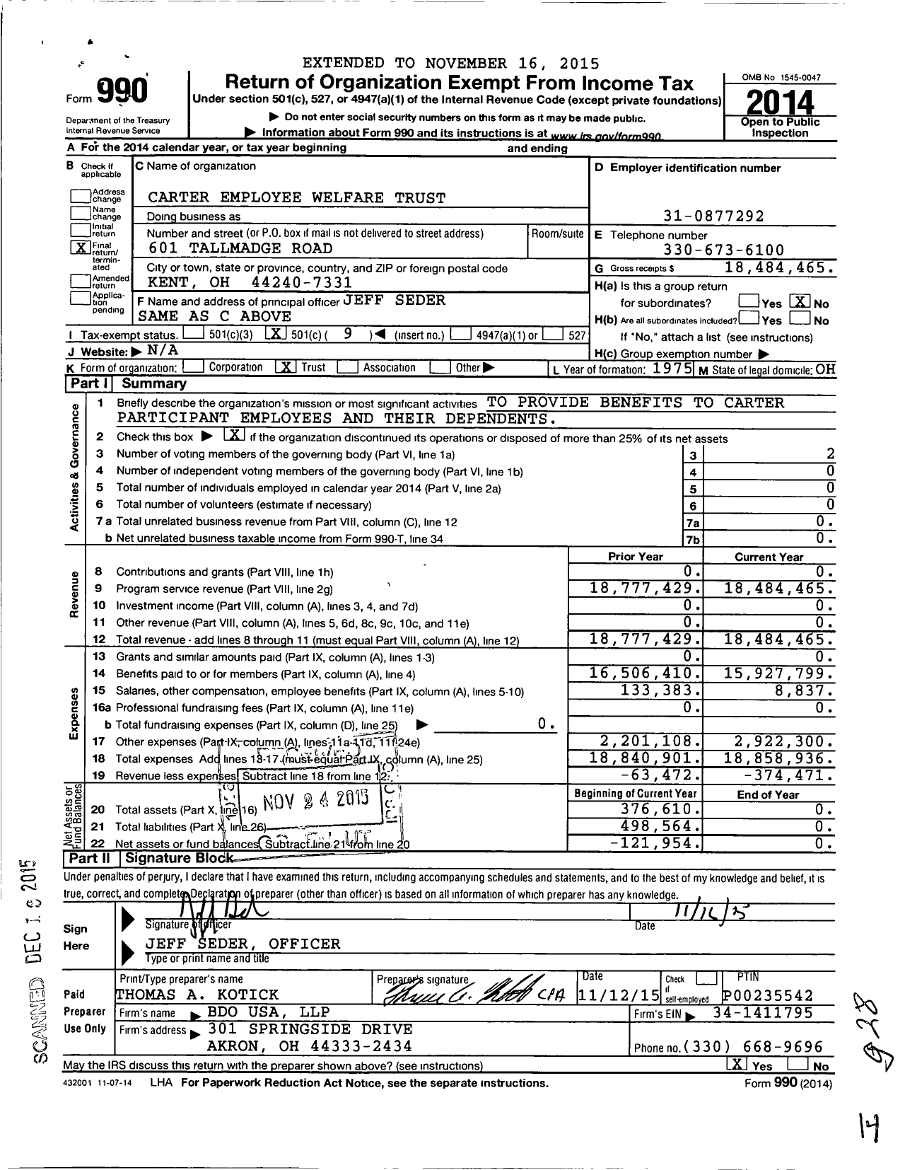 Image of first page of 2014 Form 990O for Carter Employee Welfare Trust