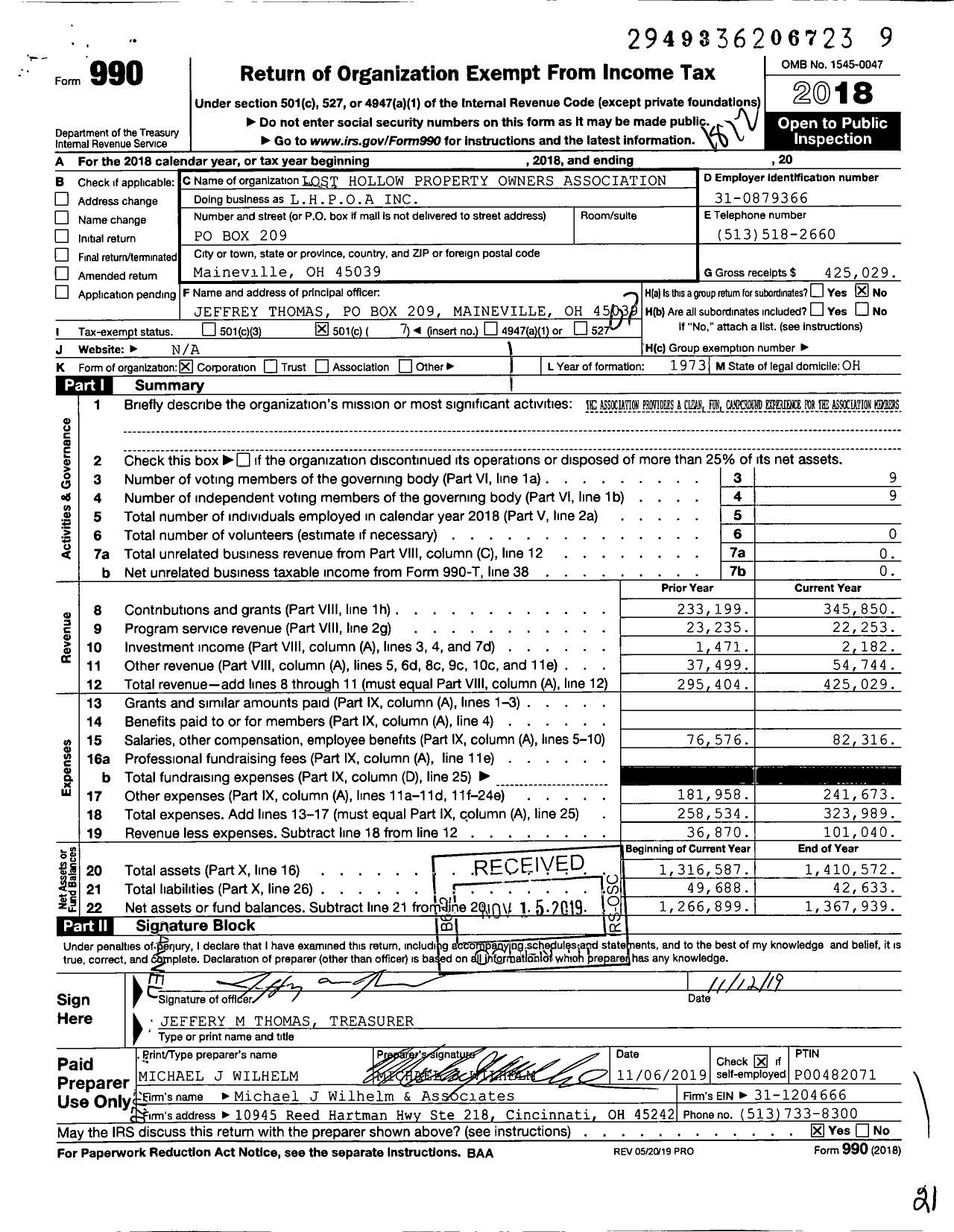 Image of first page of 2018 Form 990O for Lost Hollow Property Owners Association