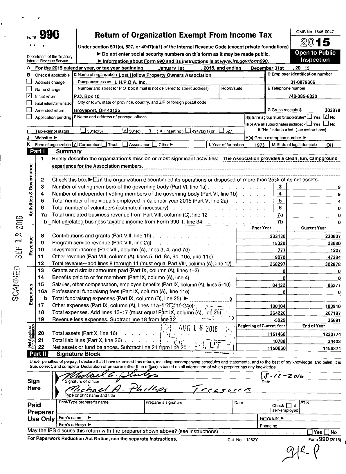 Image of first page of 2015 Form 990O for Lost Hollow Property Owners Association