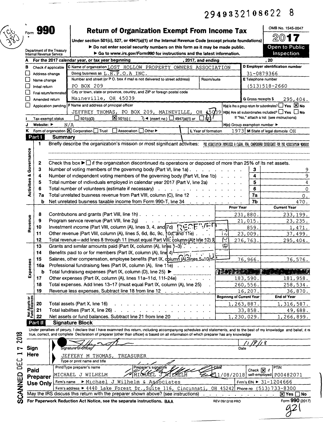 Image of first page of 2017 Form 990O for Lost Hollow Property Owners Association