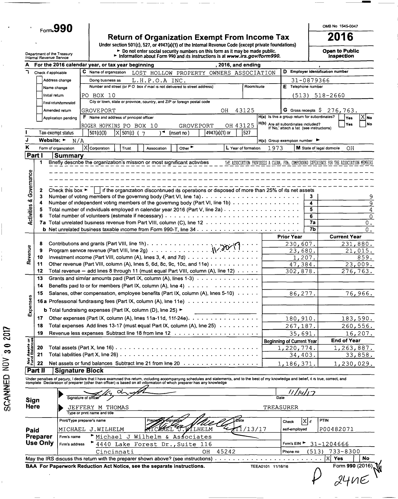 Image of first page of 2016 Form 990O for Lost Hollow Property Owners Association