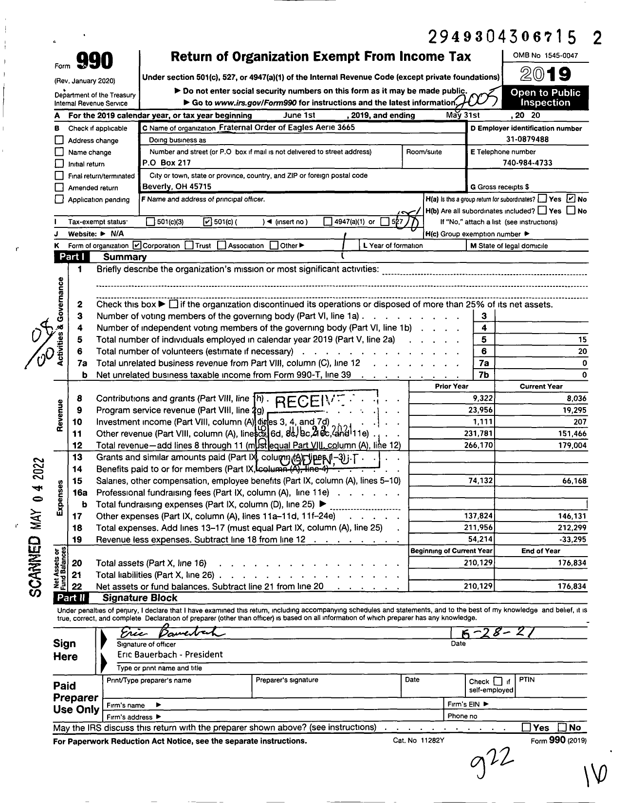 Image of first page of 2019 Form 990O for Fraternal Order of Eagles - 3665 Aerie