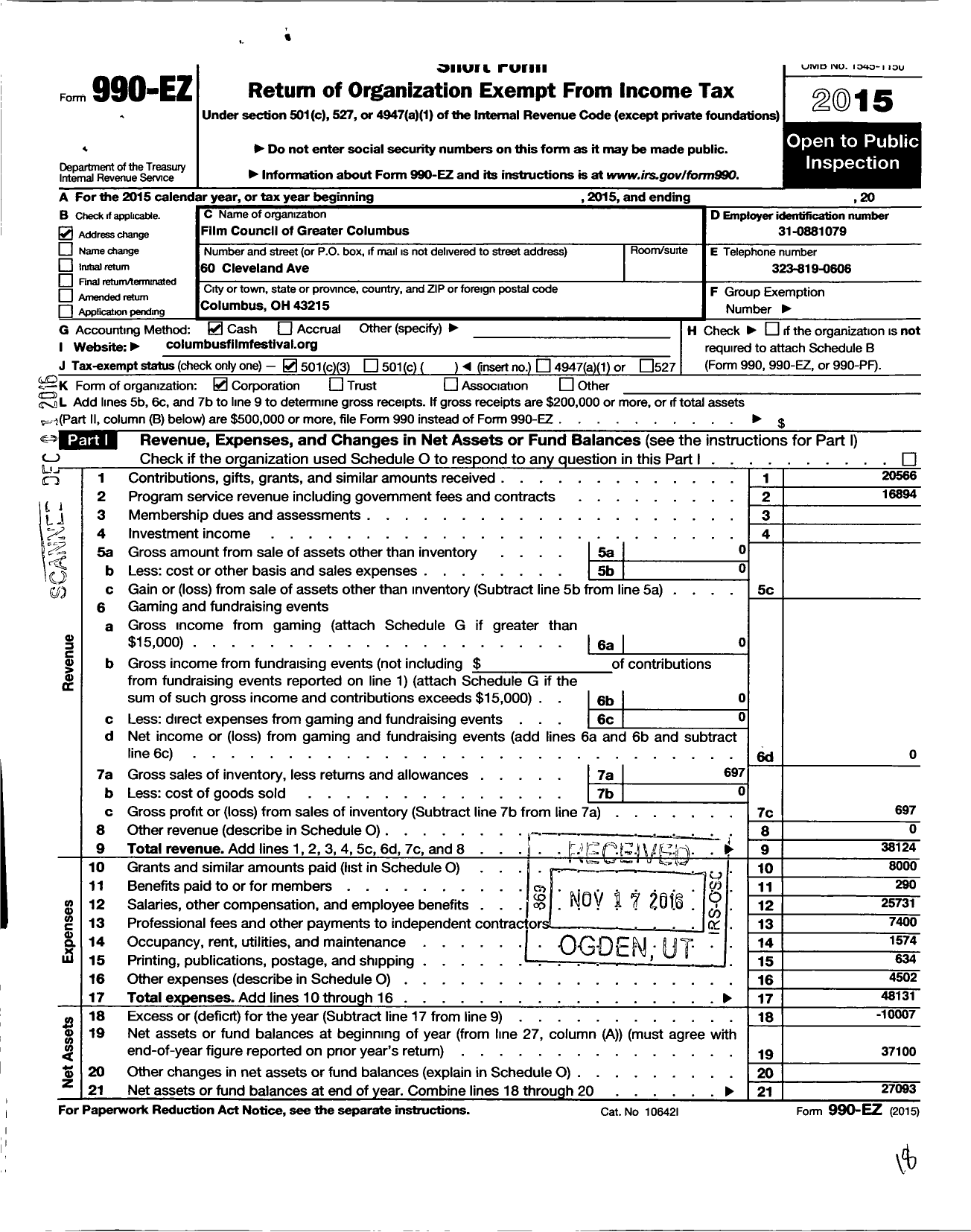 Image of first page of 2015 Form 990EZ for Film Council of Greater Columbus