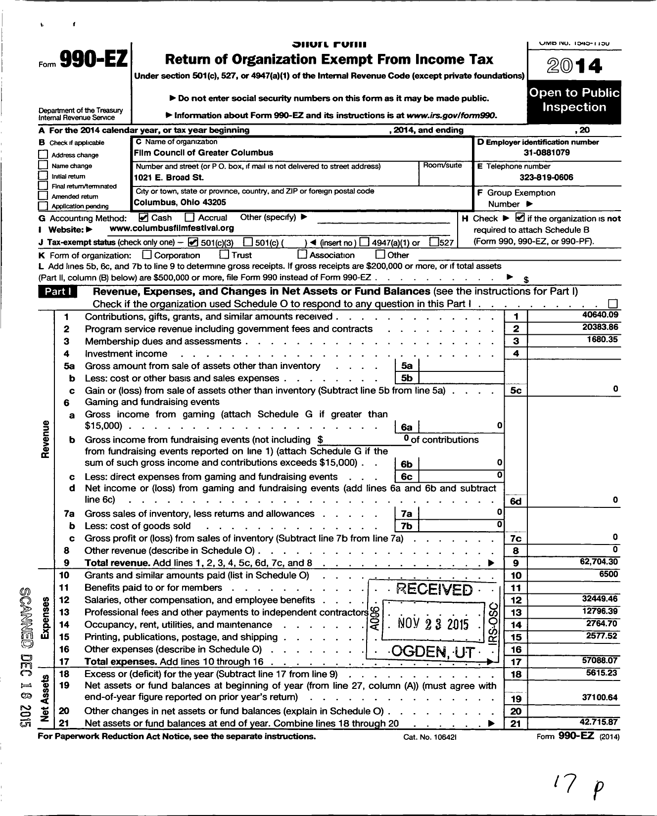 Image of first page of 2014 Form 990EZ for Film Council of Greater Columbus