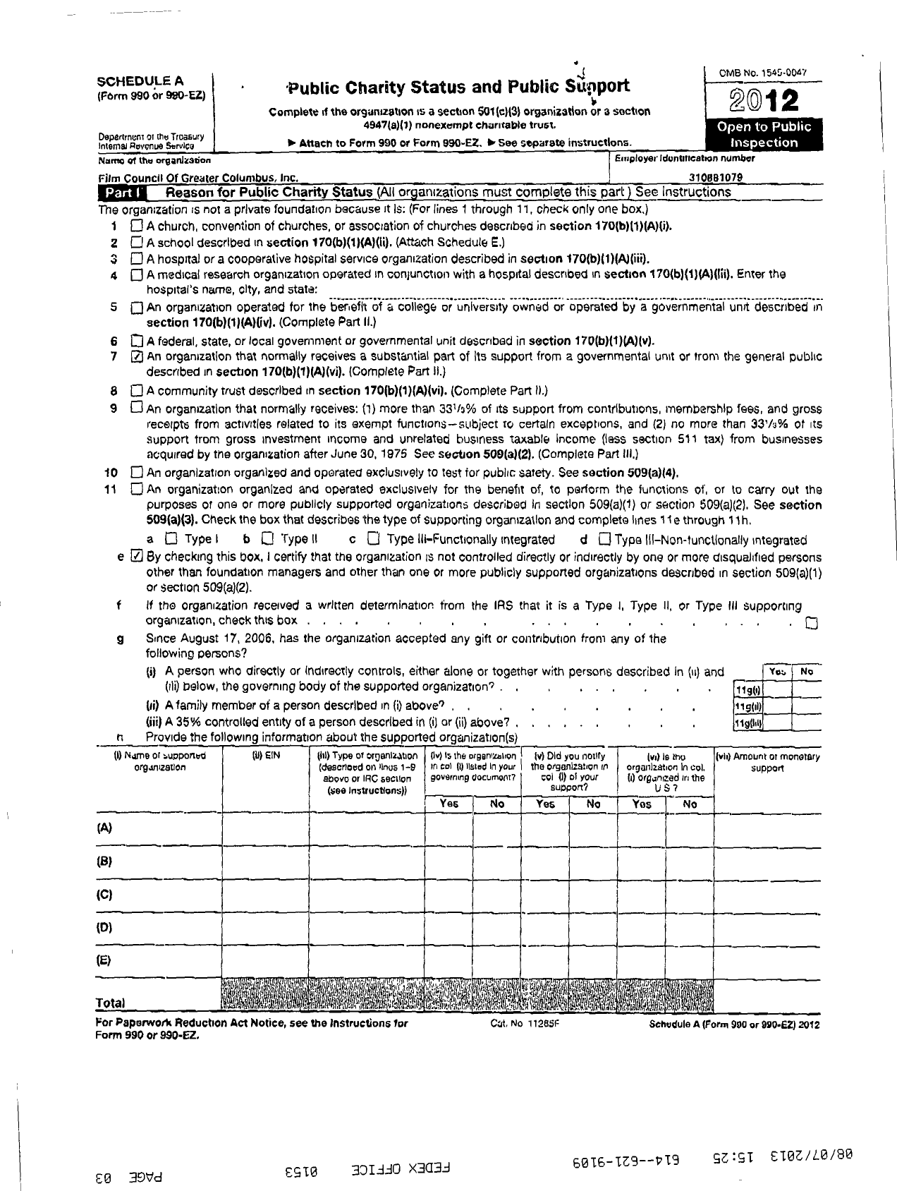 Image of first page of 2012 Form 990R for Film Council of Greater Columbus