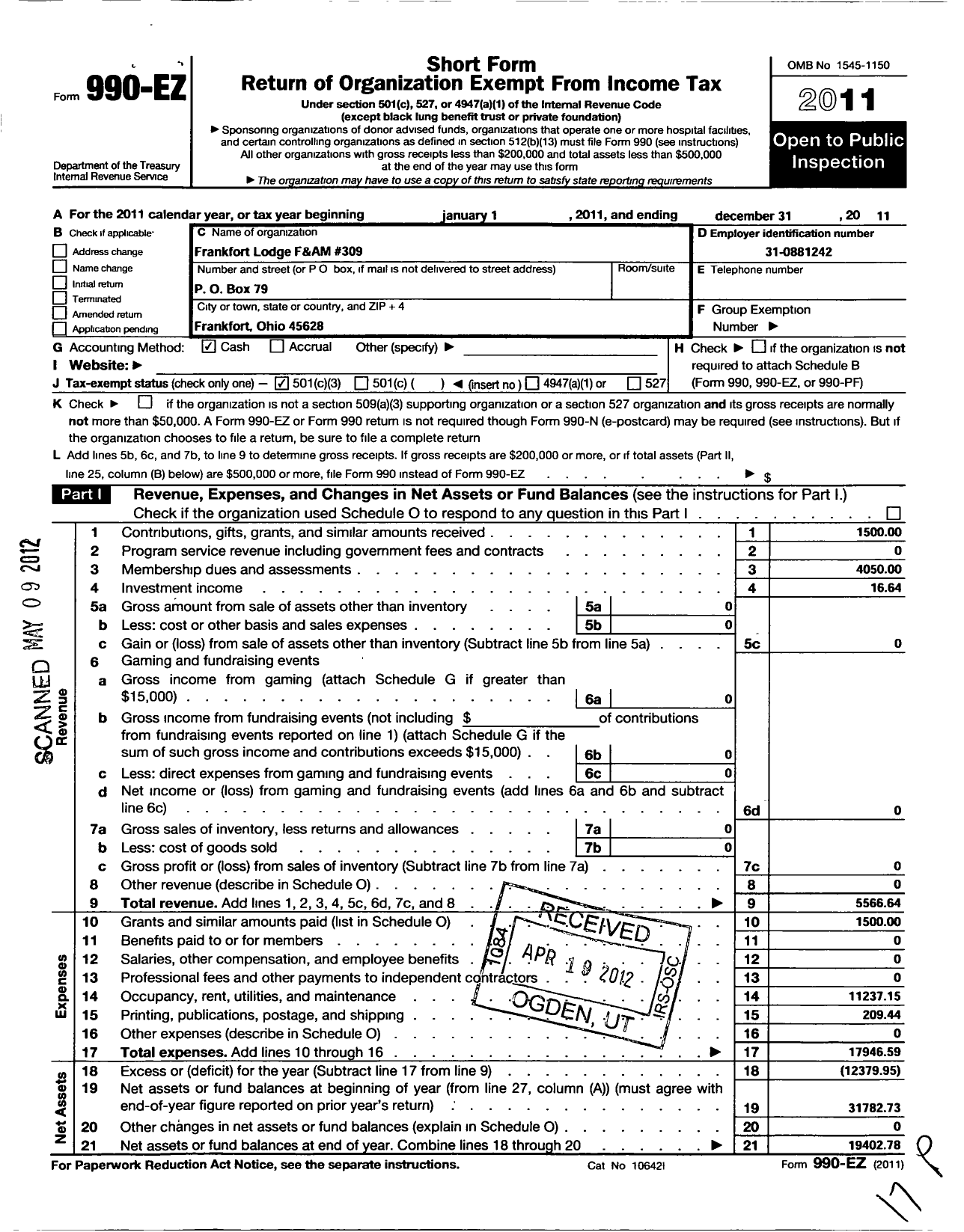 Image of first page of 2011 Form 990EZ for Free & Accepted Masons of Ohio - 309 Frankfort Lodge