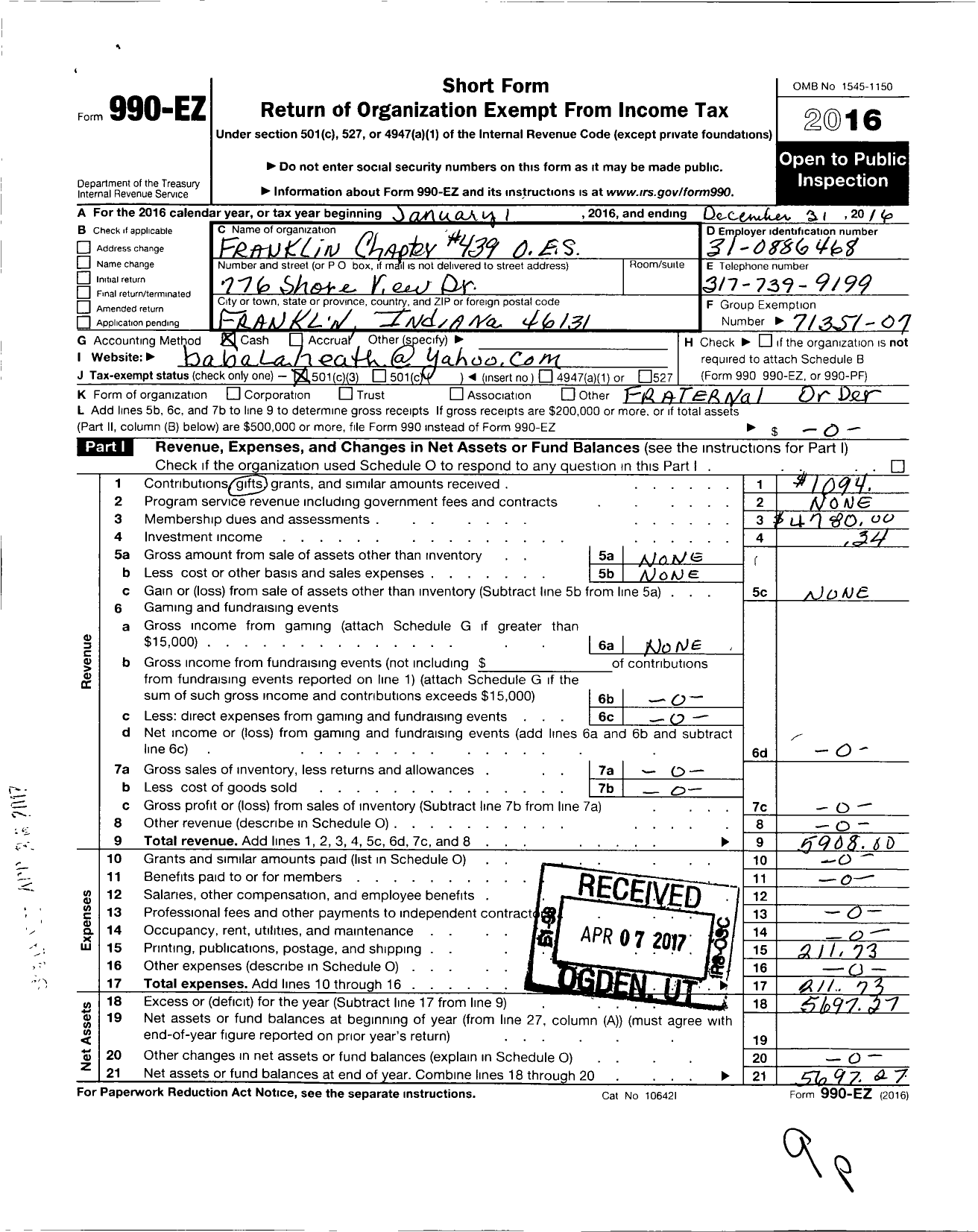 Image of first page of 2016 Form 990EZ for Order of Eastern Star of Indiana - 439 Franklin Chapter