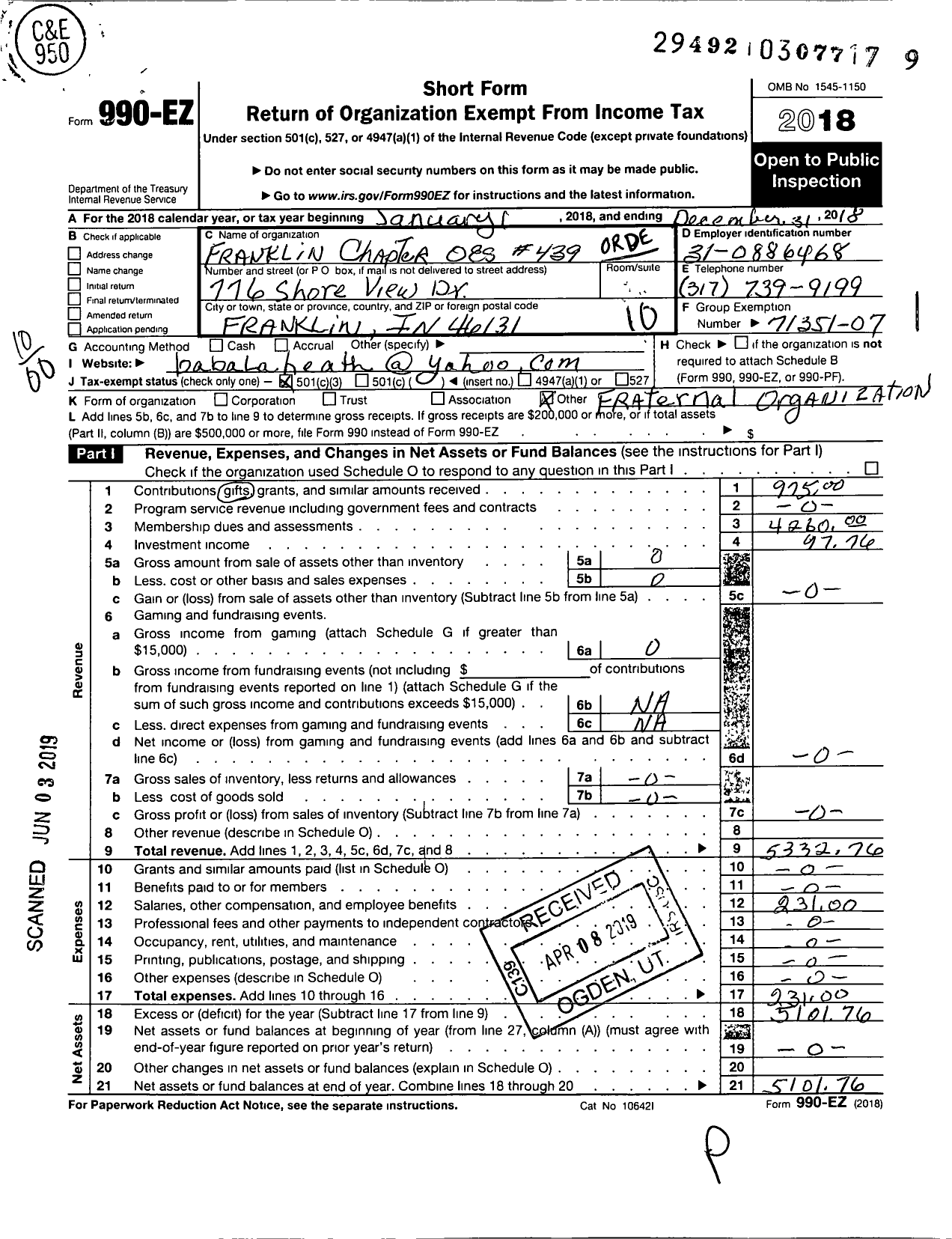 Image of first page of 2018 Form 990EO for Order of Eastern Star of Indiana - 439 Franklin Chapter