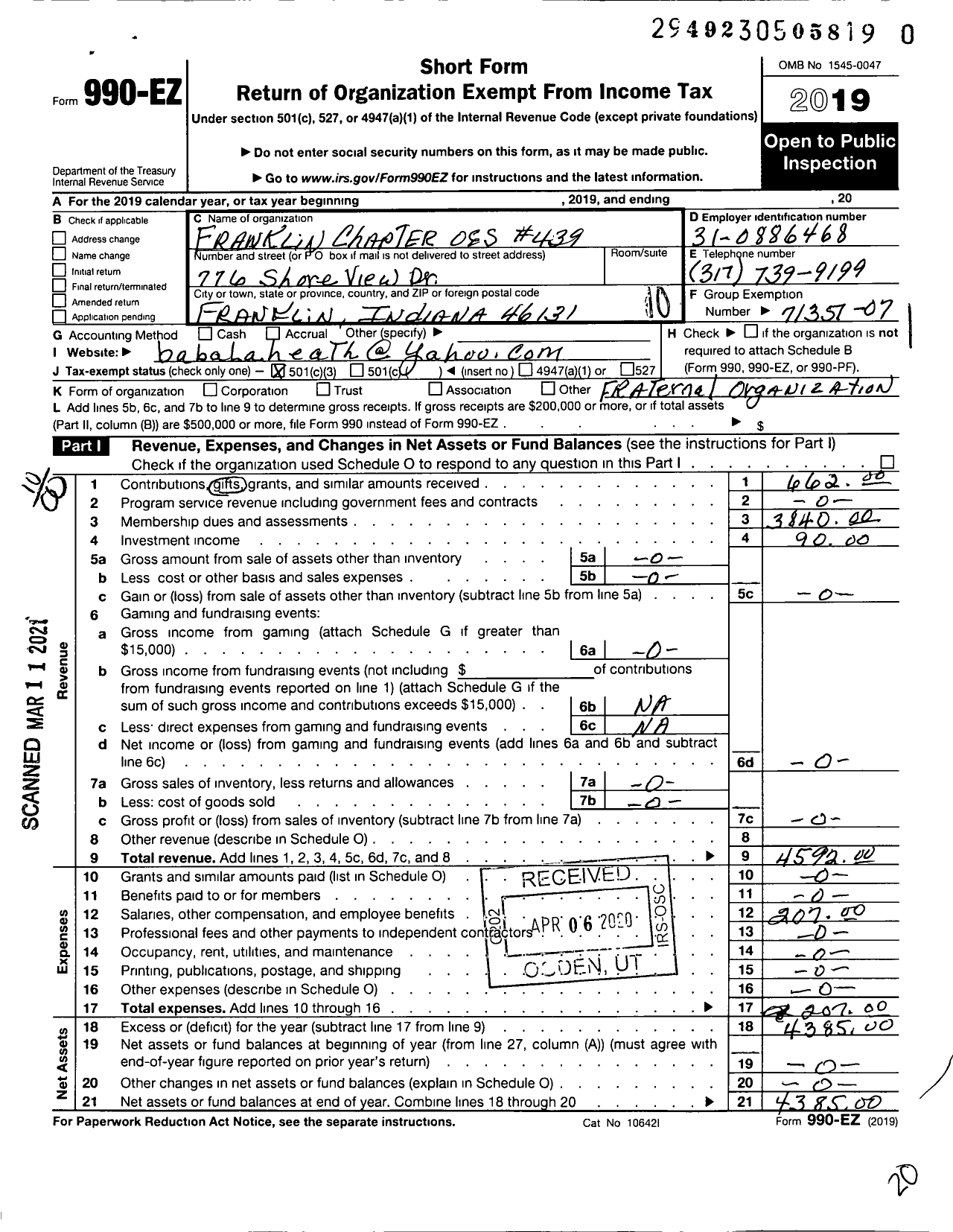 Image of first page of 2019 Form 990EO for Order of Eastern Star of Indiana - 439 Franklin Chapter