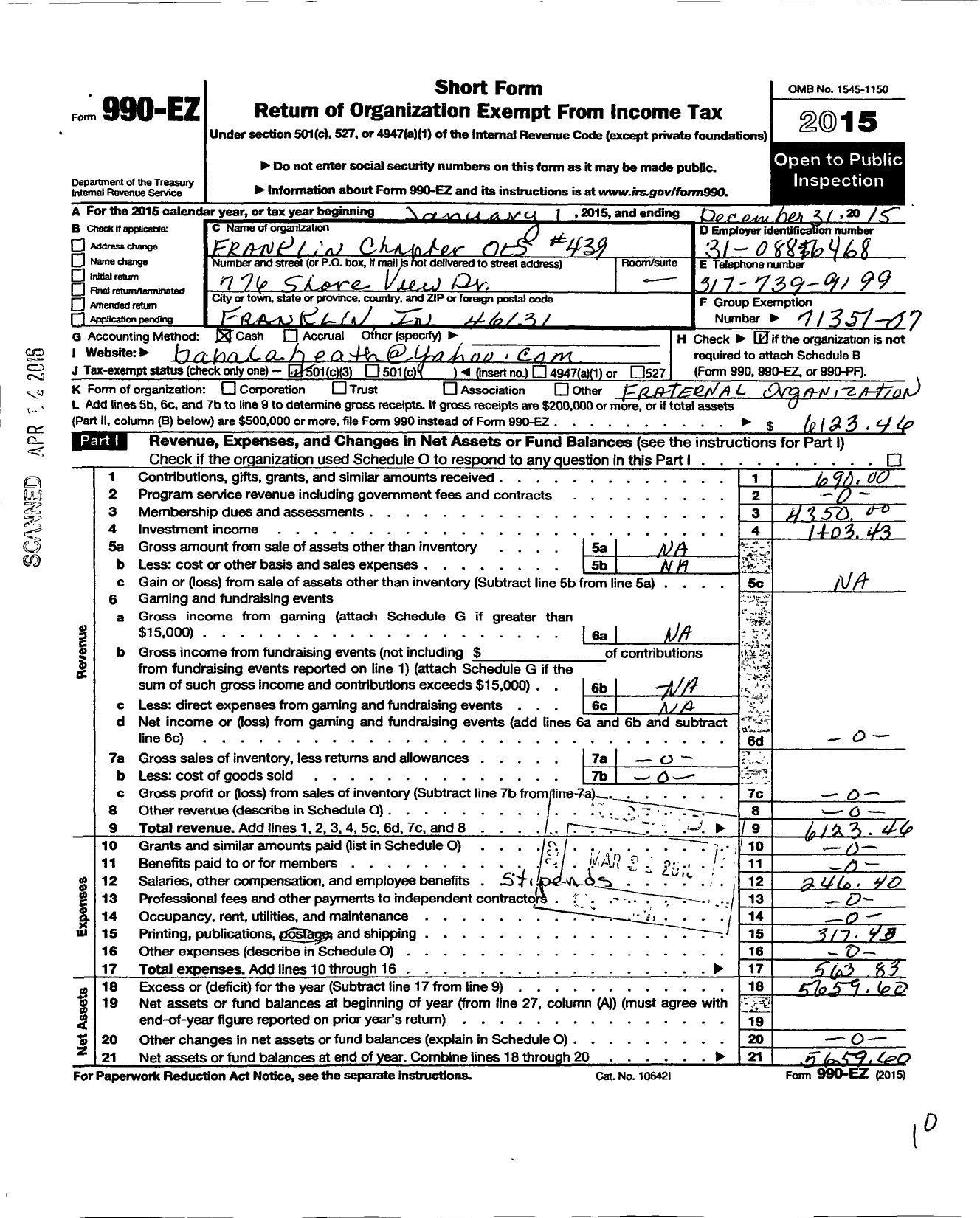 Image of first page of 2015 Form 990EZ for Order of Eastern Star of Indiana - 439 Franklin Chapter