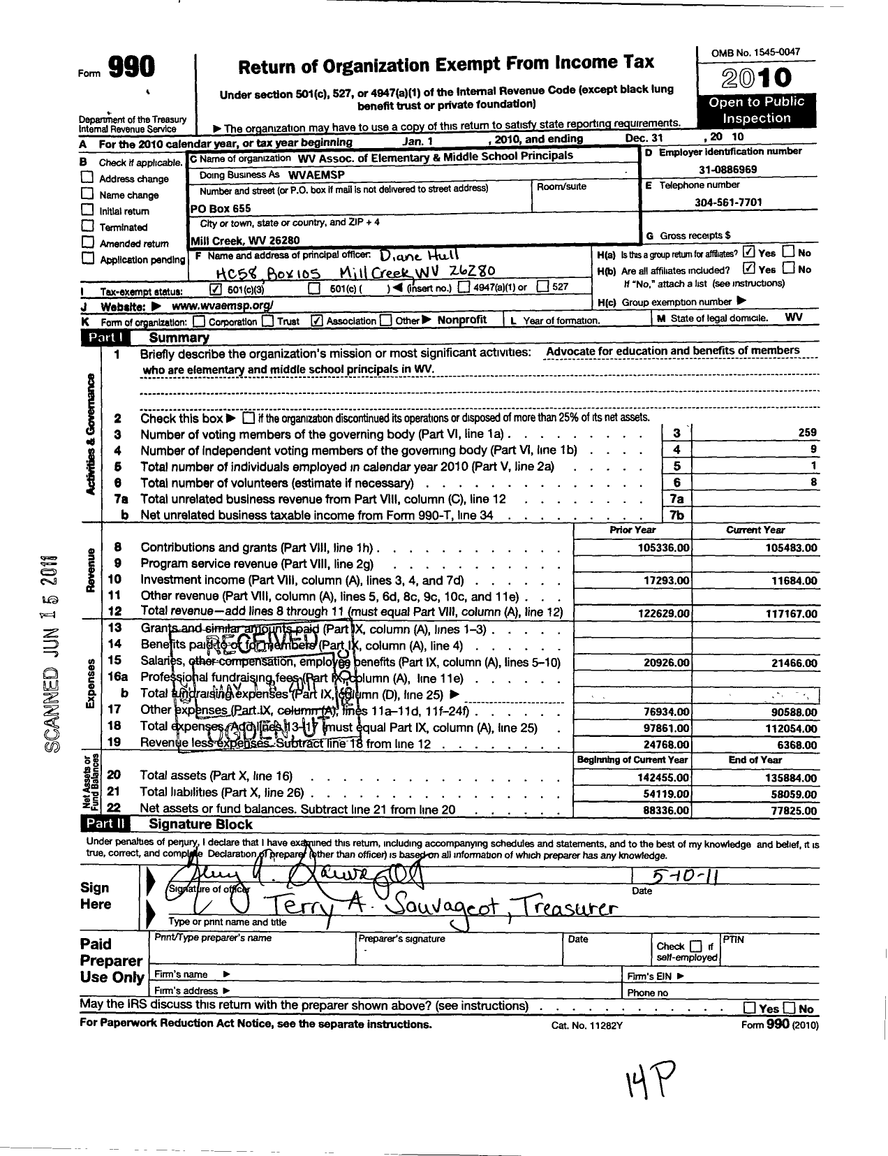 Image of first page of 2010 Form 990 for West Virginia Association of Elemen and Middle School Principals