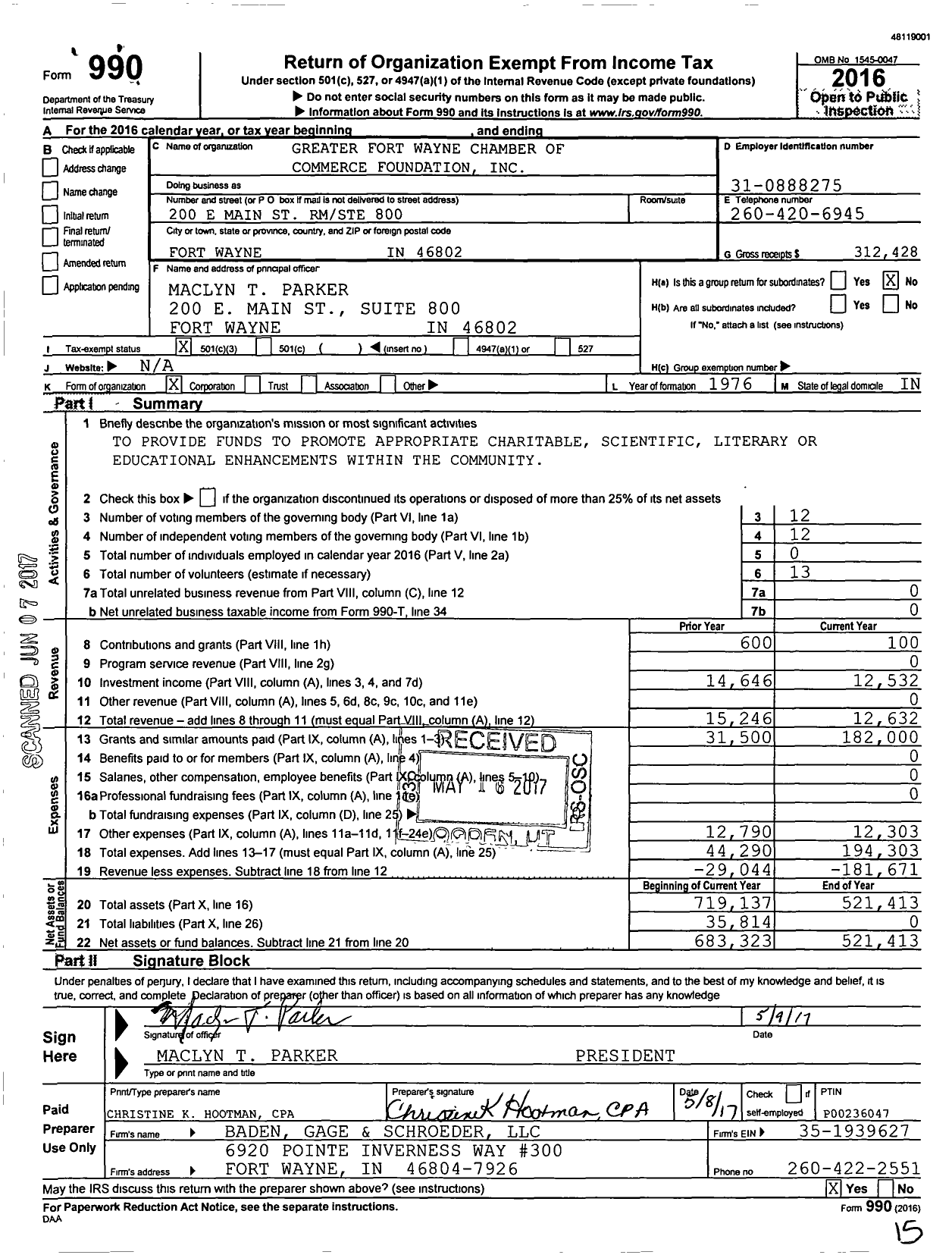 Image of first page of 2016 Form 990 for Greater Fort Wayne Chamber of Commerce Foundation