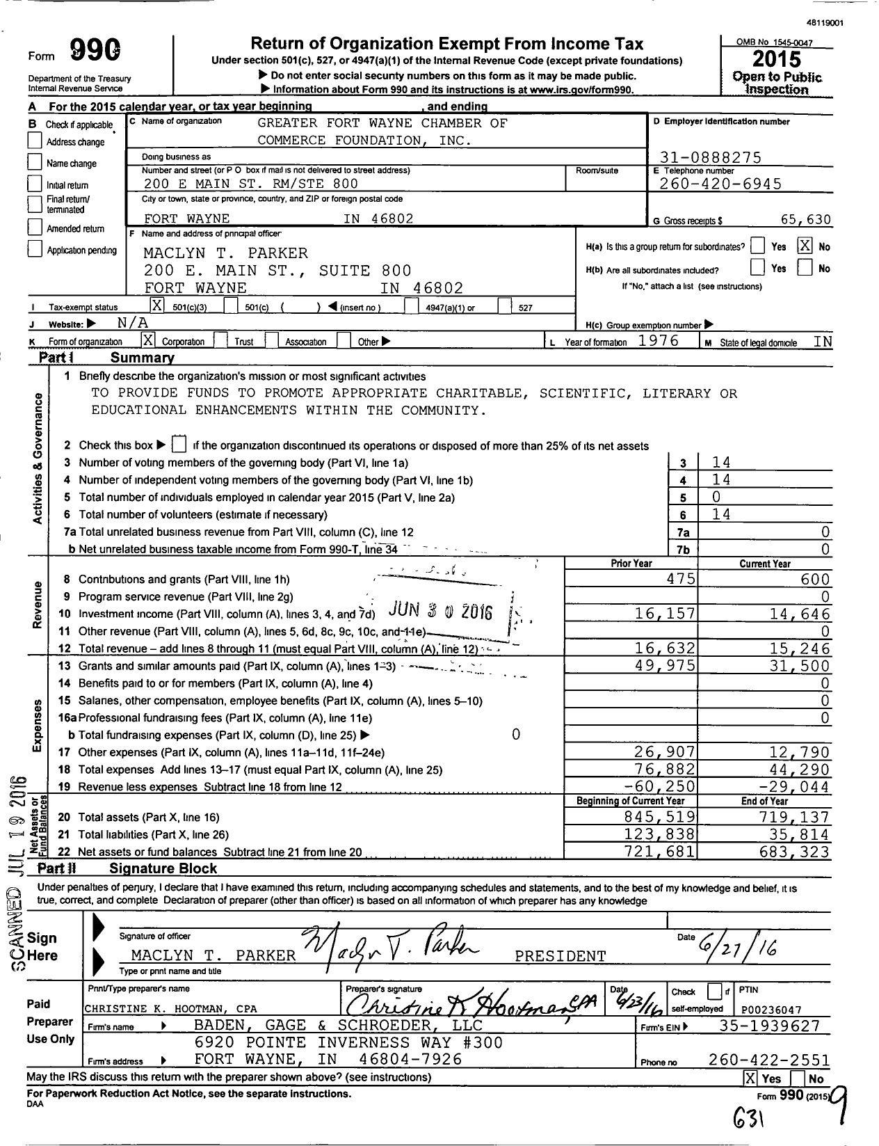 Image of first page of 2015 Form 990 for Greater Fort Wayne Chamber of Commerce Foundation