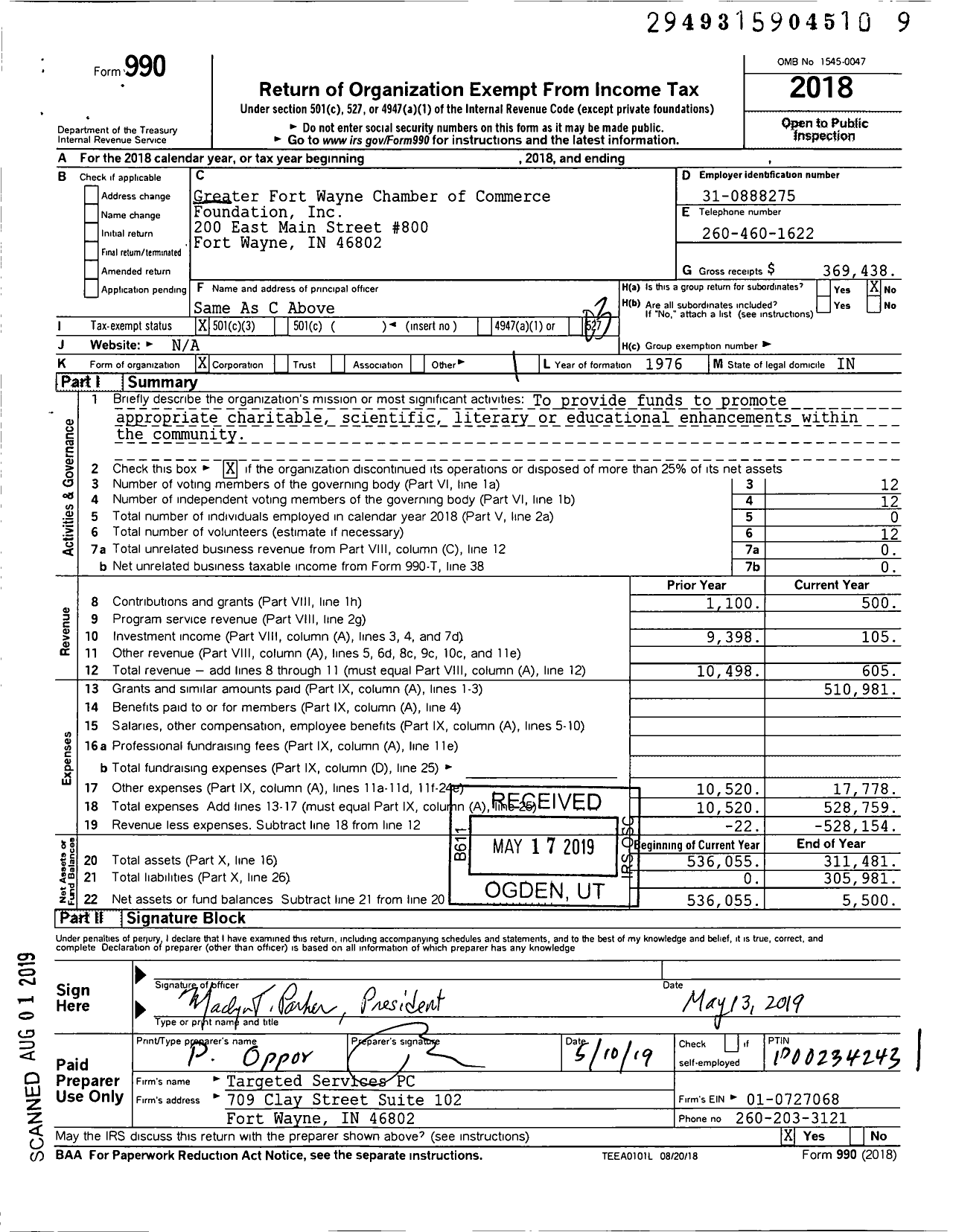 Image of first page of 2018 Form 990 for Greater Fort Wayne Chamber of Commerce Foundation