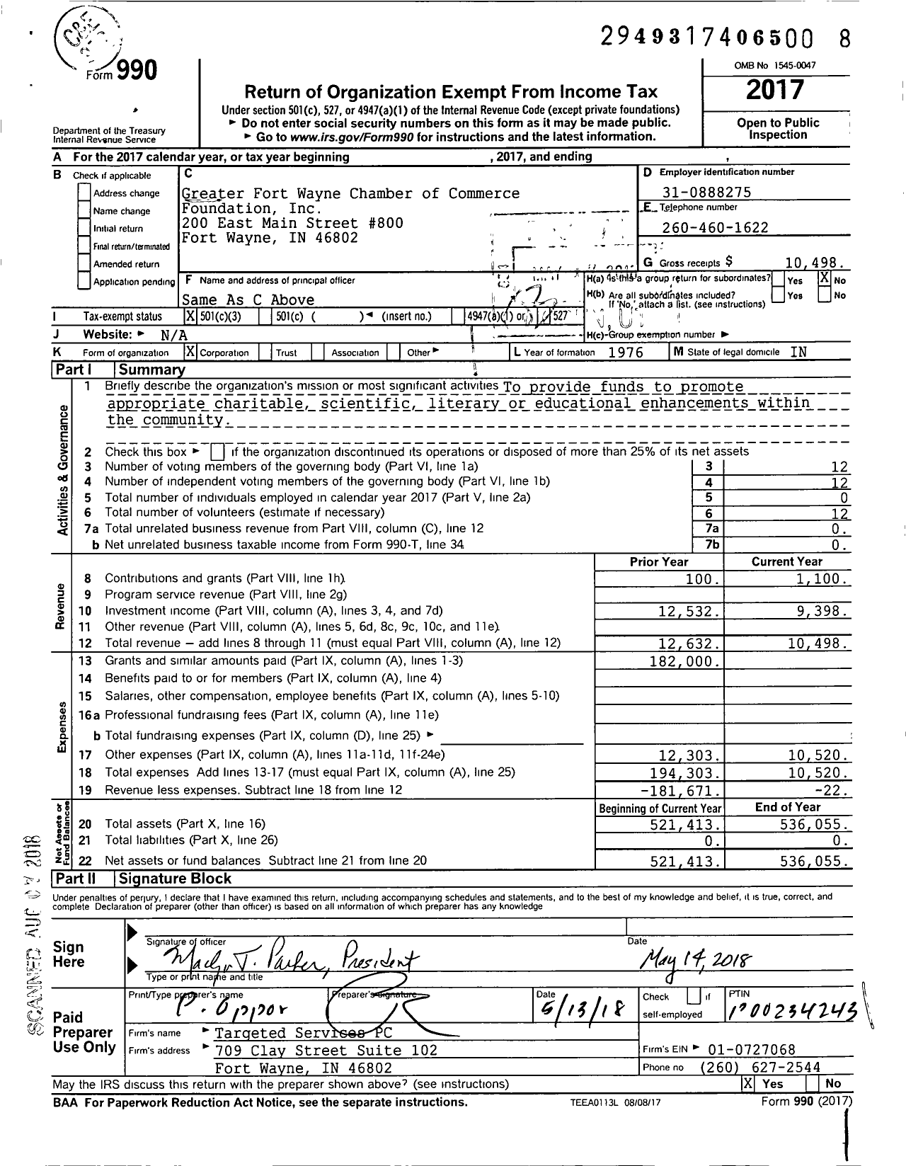 Image of first page of 2017 Form 990 for Greater Fort Wayne Chamber of Commerce Foundation