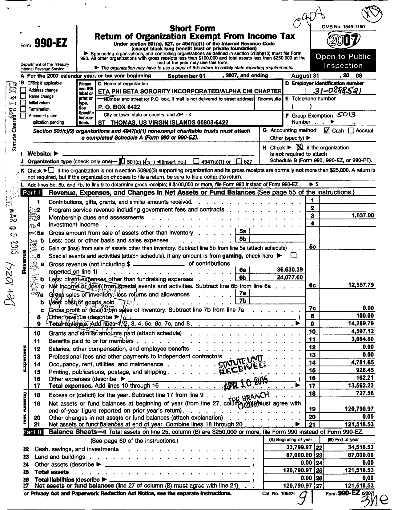 Image of first page of 2007 Form 990EO for Eta Phi Beta Sorority / Alpha Chi Chapter