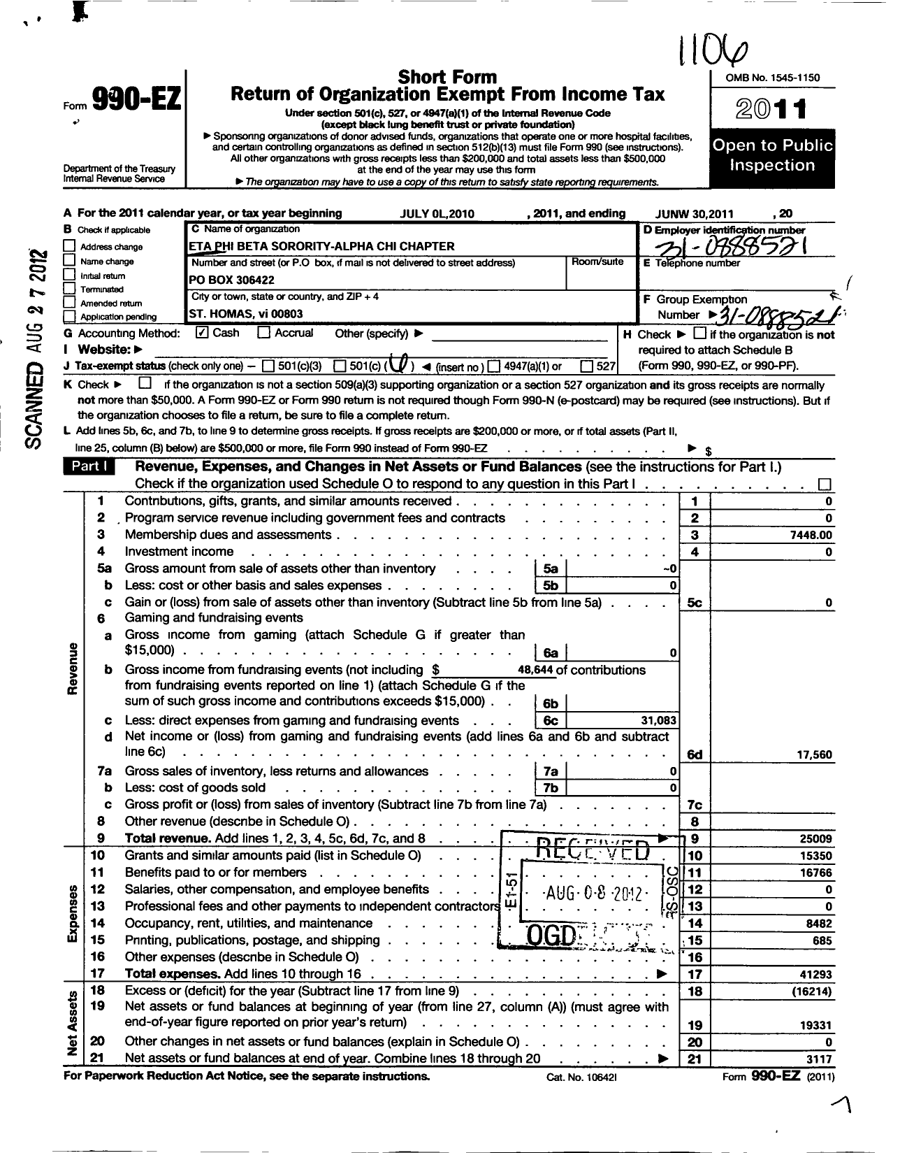 Image of first page of 2010 Form 990EO for Eta Phi Beta Sorority / Alpha Chi Chapter