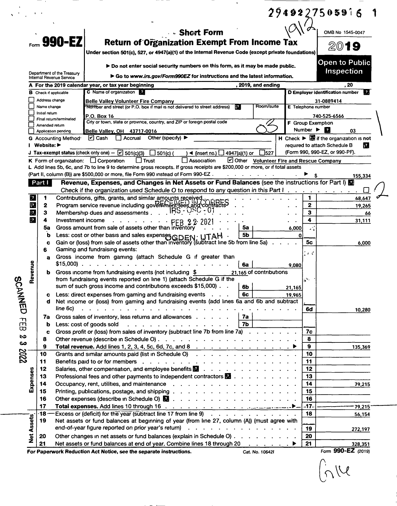 Image of first page of 2019 Form 990EZ for Belle Valley Volunteer Fire Company