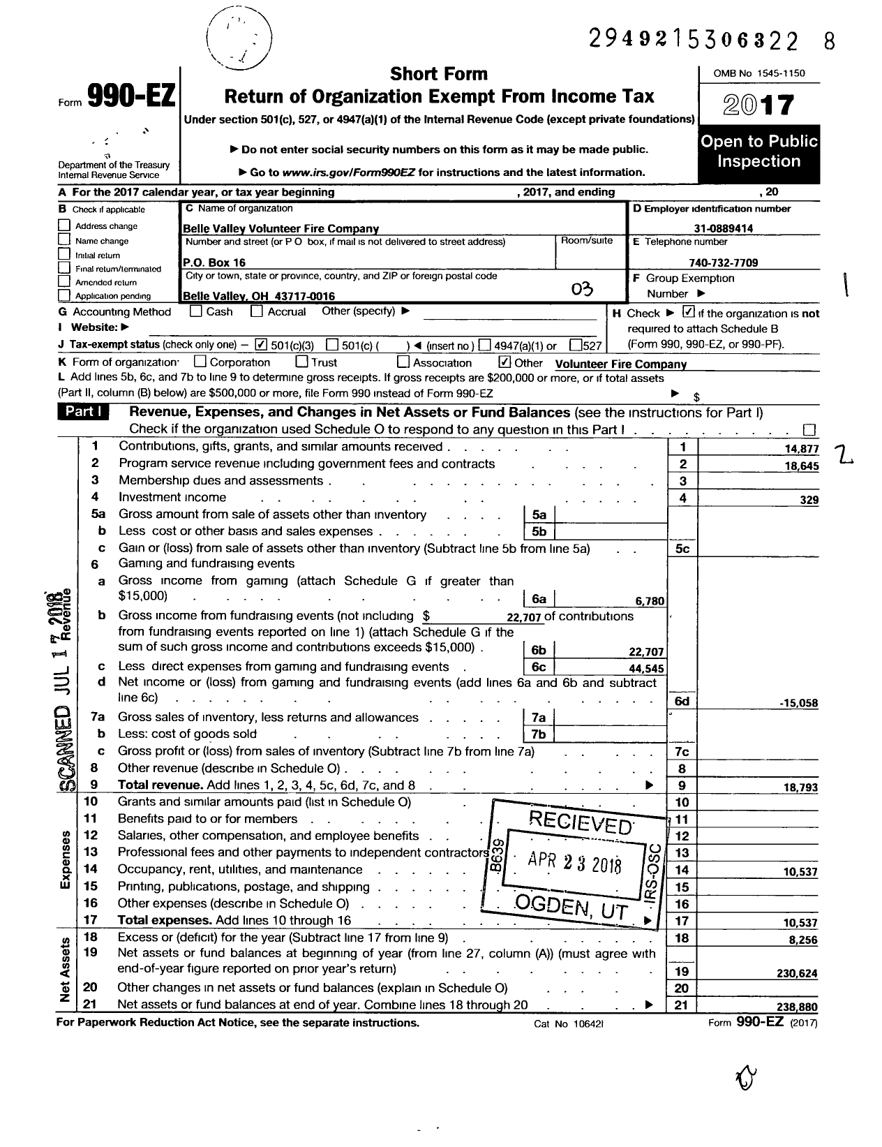 Image of first page of 2017 Form 990EZ for Belle Valley Volunteer Fire Company